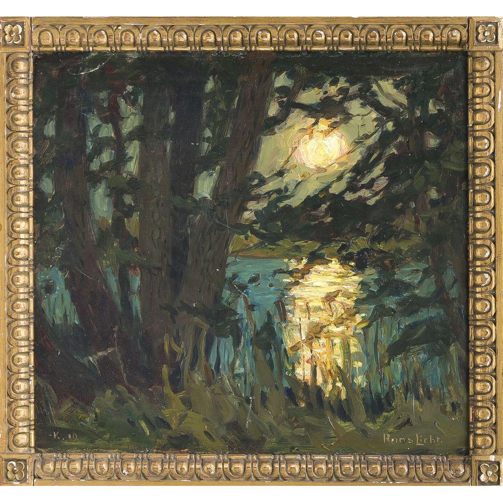 Hans Licht (1876-1935), landsc: Hans Licht (1876-1935), landscape painter of German impressionism, studied in Berlin Bracht and Hertel. Full moon over a lake, oil on cardboard, u. re. signed, over., 50 x 55 cm, framed 58 x 63 cm