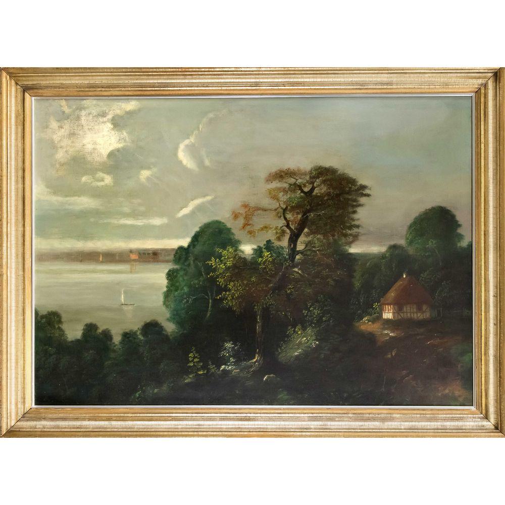 Anonymous landscape painter 2n: Anonymous landscape painter 2nd half of the 19th century, large, romantic landscape with tree-lined lakeside, oil on canvas, unsigned, 65 x 90 cm, framed. 76 x 102 cm