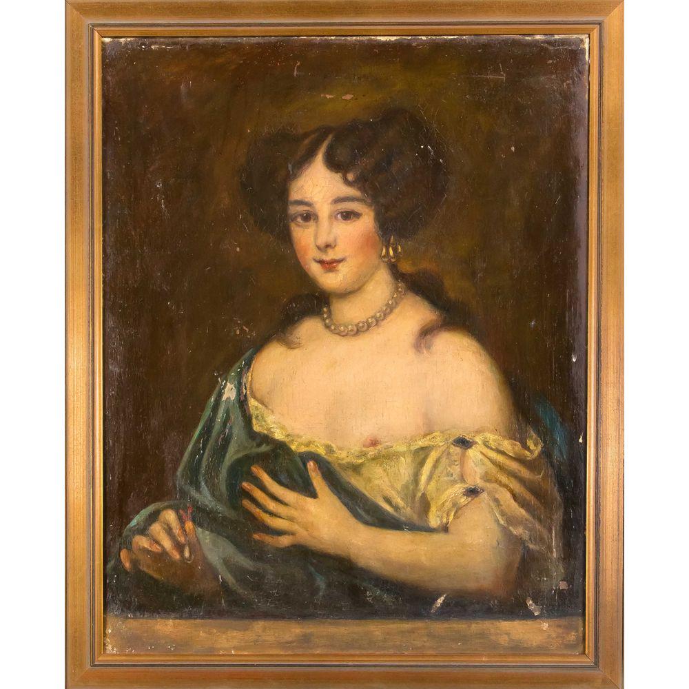Paul Wolff-Zamzow (1872-?), Be: Paul Wolff-Zamzow (1872-?), Berlin painter and copyist. Portrait of a young woman with a bared breast and a pearl in her hand. Probably a copy after a rococo portrait. Oil on canvas, inscribed on the 