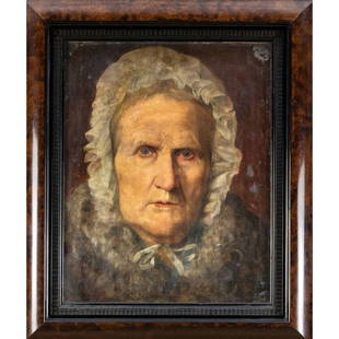 Max Thedy (1858-1924), Impress: Max Thedy (1858-1924), Impressive character portrait of an old woman, oil on canvas, unsigned on the recto, verso inscribed on pen on mounting box (signed?) ''Prof. Max Thedy, chamfered corners, appro