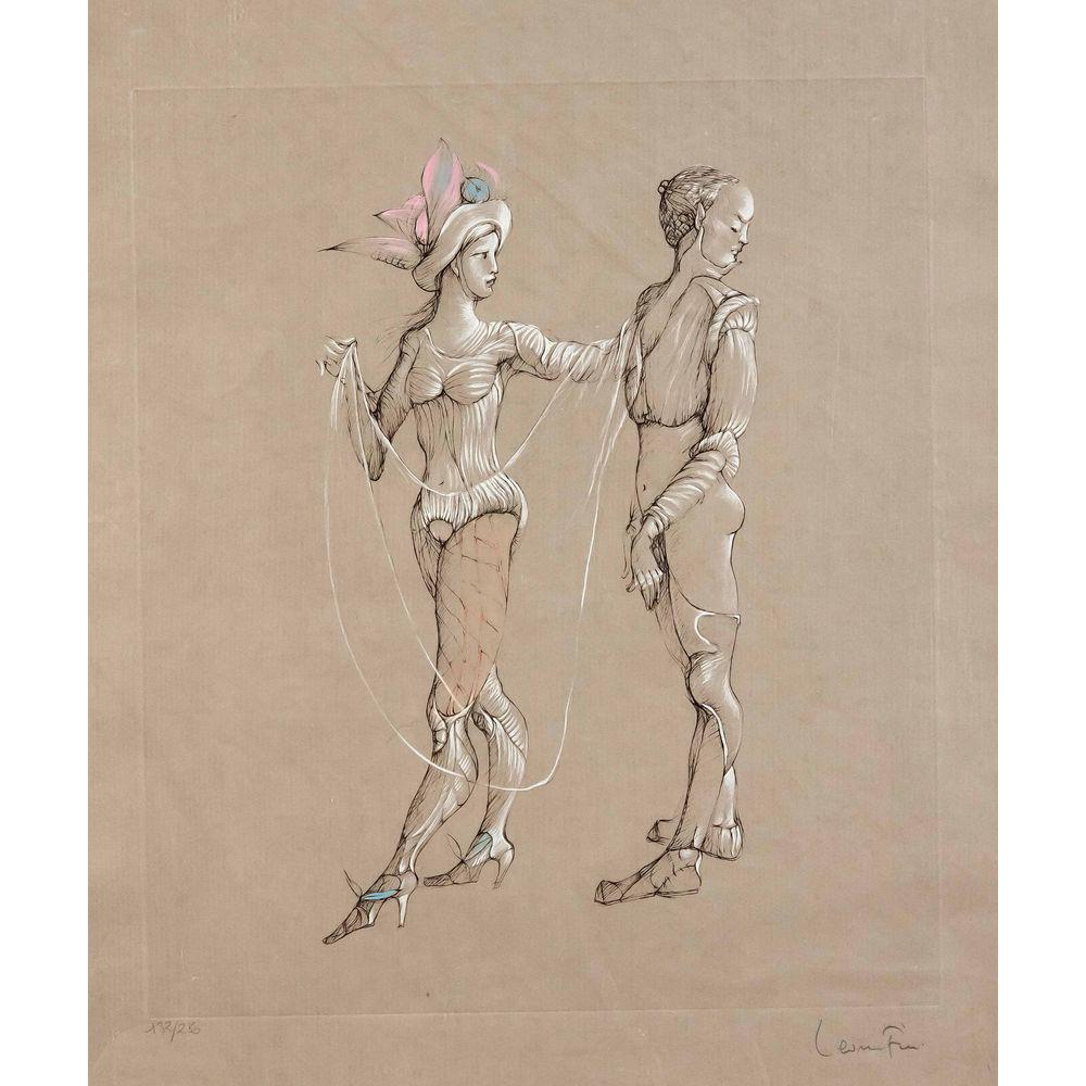 Leonor Fini (1907-1996), Itali: Leonor Fini (1907-1996), Italian surrealist, two etchings on brown and light brown paper, each u. re. handsign., u. left num., 43 x 37 cm, on cardboard or behind board mounted. up to 55 x 65 cm