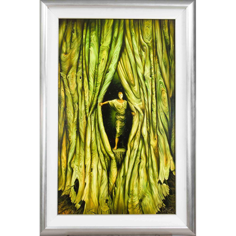 Vladimir Kush (* 1965), Russia: Vladimir Kush (* 1965), Russian painter and sculptor of surrealism, lives and works in the USA. Large color offset print on canvas after a painting. Masked figure pulls an opening in a tree like a cur