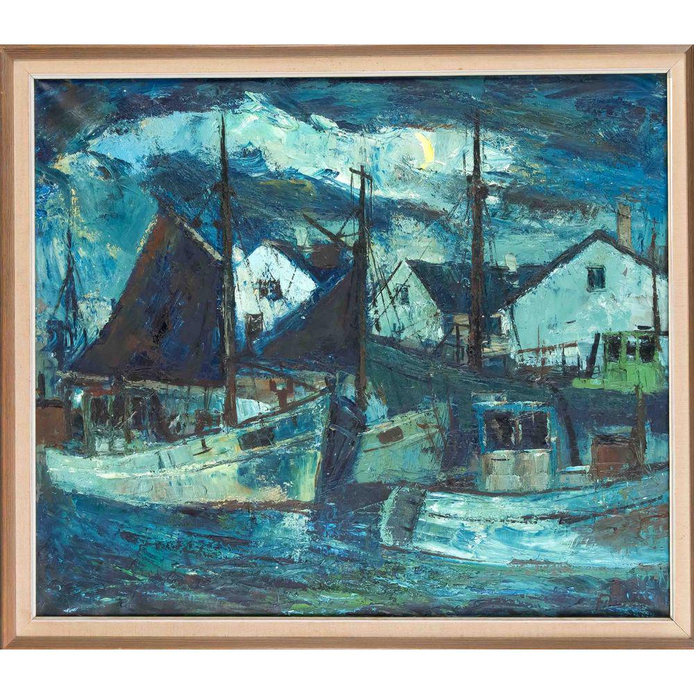 Finn Andersen (1909-1987), Swe: Finn Andersen (1909-1987), Swedish expressionist. Nocturnal fishing port, oil on canvas, u. re. signed, 60 x 70 cm, framed 68 x 78 cm