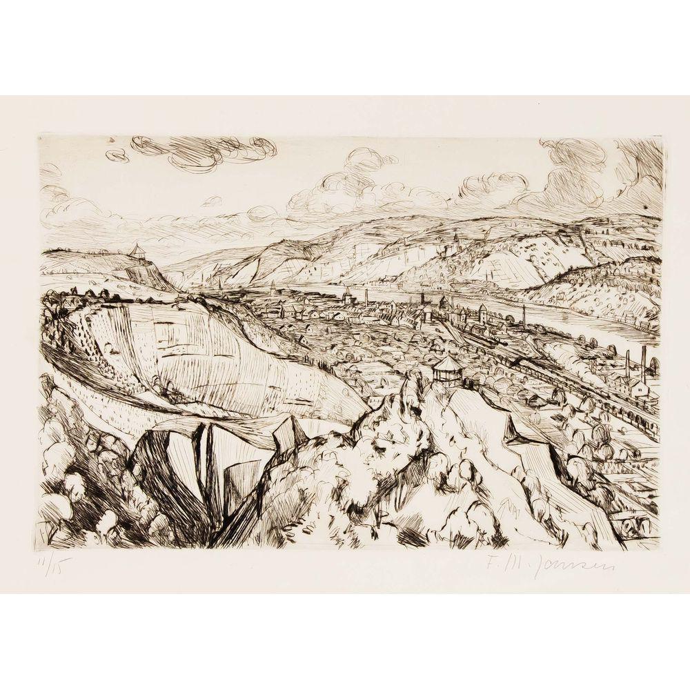 Franz Maria Jansen (1885-1958): Franz Maria Jansen (1885-1958), Rhine landscape, etching on wove paper, a. right, signed by hand, u. left num. 11/15 and underneath indistinctly inscribed, 19.5 x 19 cm, sheet dimensions 31.5 x 48 cm
