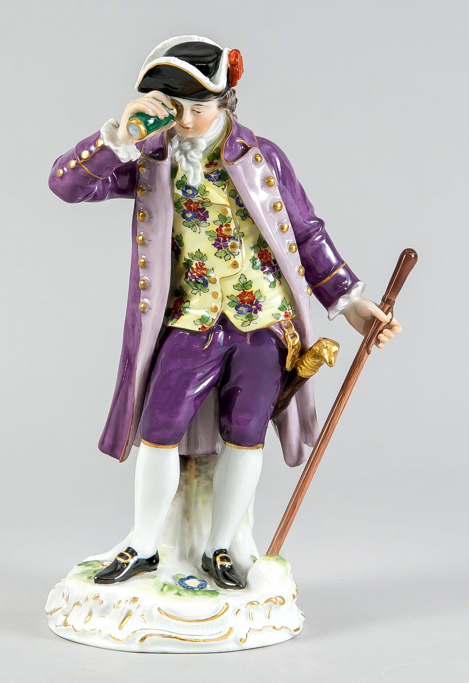 Cavalier with telescope, Meissen, m: Cavalier with telescope, Meissen, mark 1850-1924, 1st choice, design Michel Victor Acier in 1771, model no. D 65, elegant gentleman with walking stick looking through his telescope, on rocaille shaped