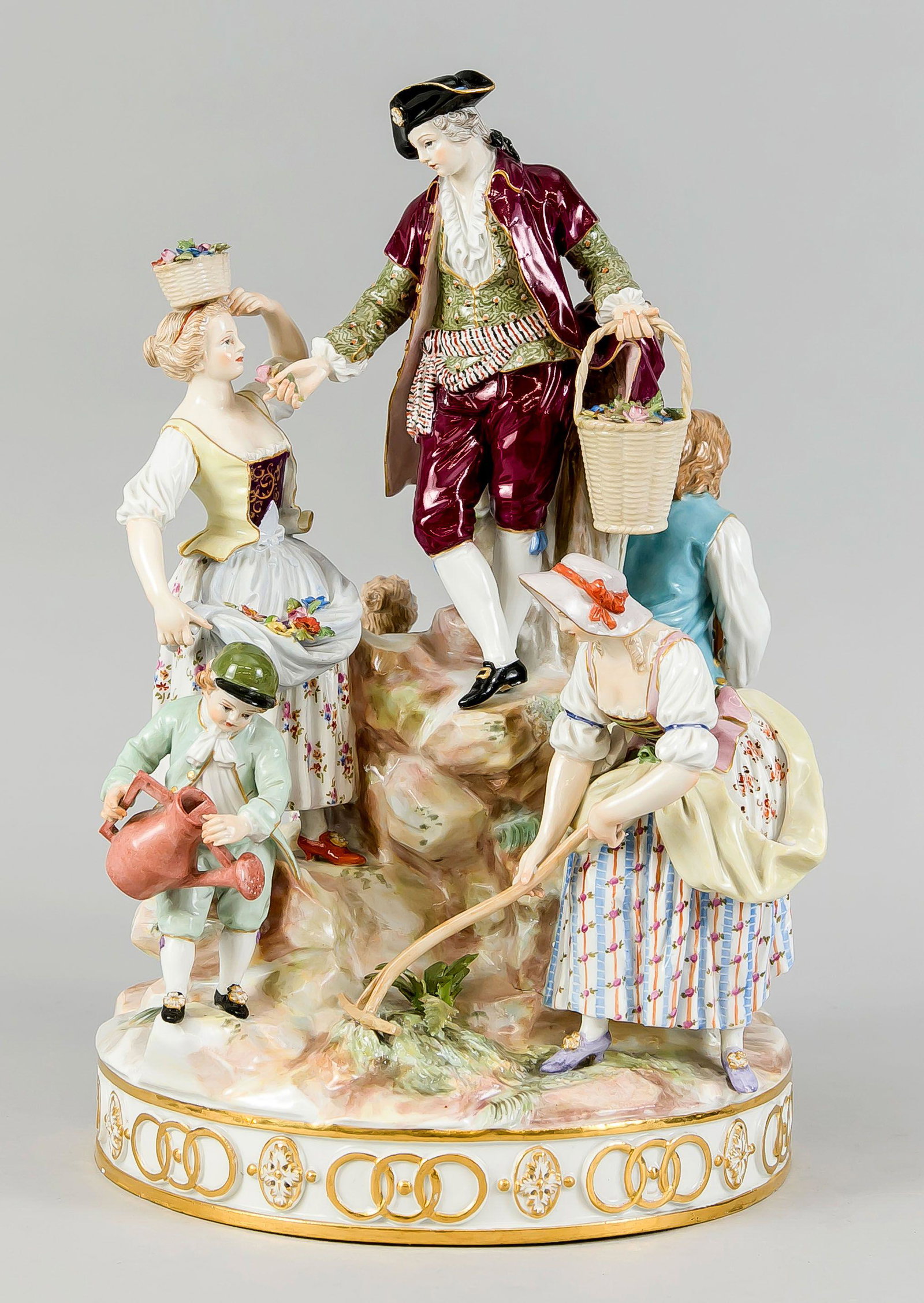 Gardener group, Meissen, mark 1850-: Gardener group, Meissen, mark 1850-1924, 1st choice, design Michel Victor Acier in 1772, model no. D 97, from the series of gardener figures, six-figure pyramid with various gardeners and boys at gard