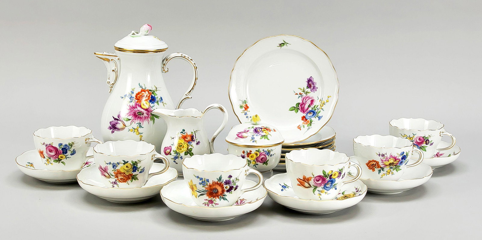 Coffee service for 6 persons, 21-pc: Coffee service for 6 persons, 21-pcs, Meissen, 1950s, 1st choice, shape New Cutout, polychrome painting, bouquet of flowers with gold rim, coffee pot, h. 23 cm, 6 cups with saucer, h-. 8 cm, 6 cake pl