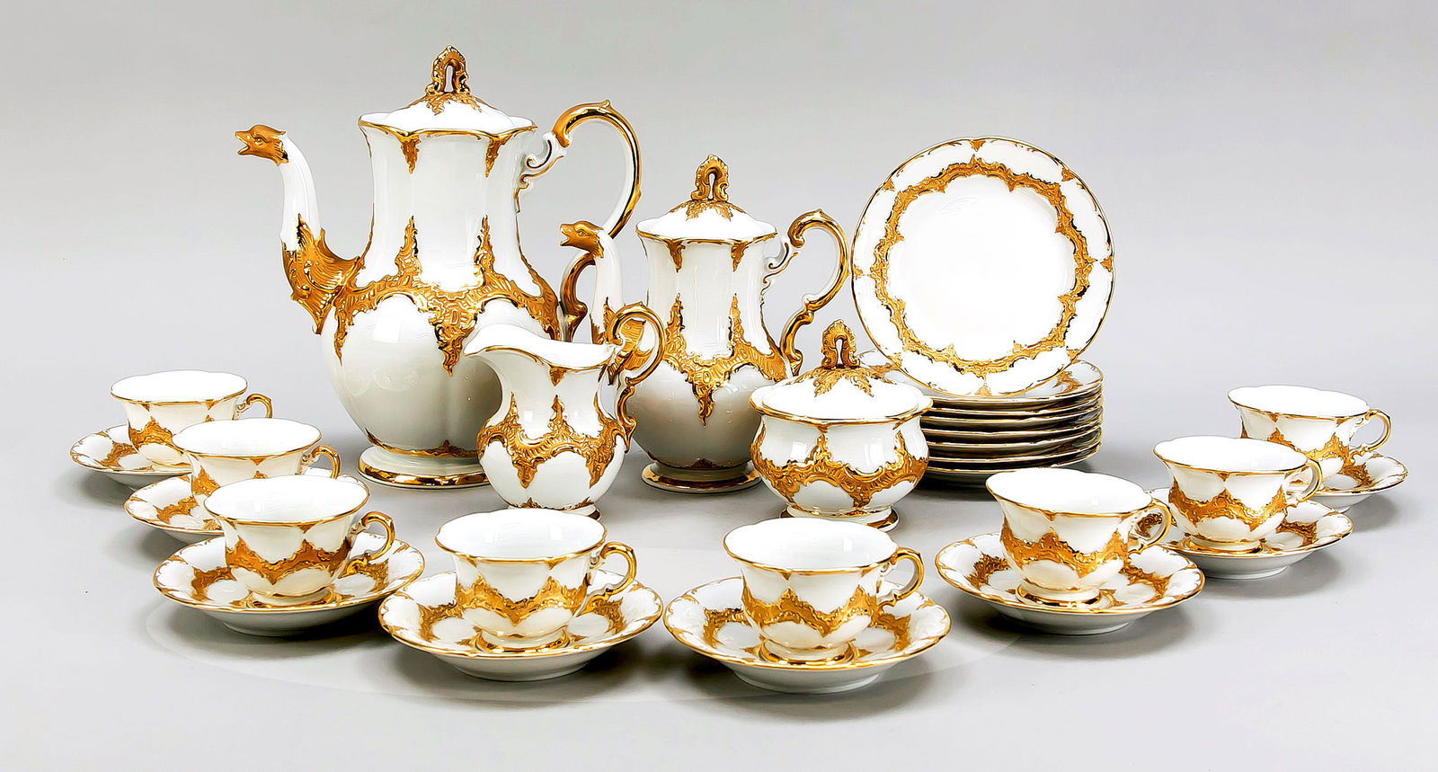 Mocha service for 8 persons, 28 pie: Mocha service for 8 persons, 28 pieces, Meissen, 1950s, 1st and 2nd choice, B-shape, after a design by Ernst August Leuteritz, white with gilding, coffee pot, h. 27 cm, mocha pot, h. 19 cm, milk and s