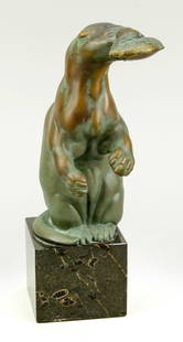 August Gaul (1869-1921), ''Otter'',: August Gaul (1869-1921), ''Otter'', 1902, bronze with brown-green patina, the fish with remains of golden patina, signed ''A. Gaul.'', without foundry mark, 19,2 cm, on serpentine cube h. 26 cm