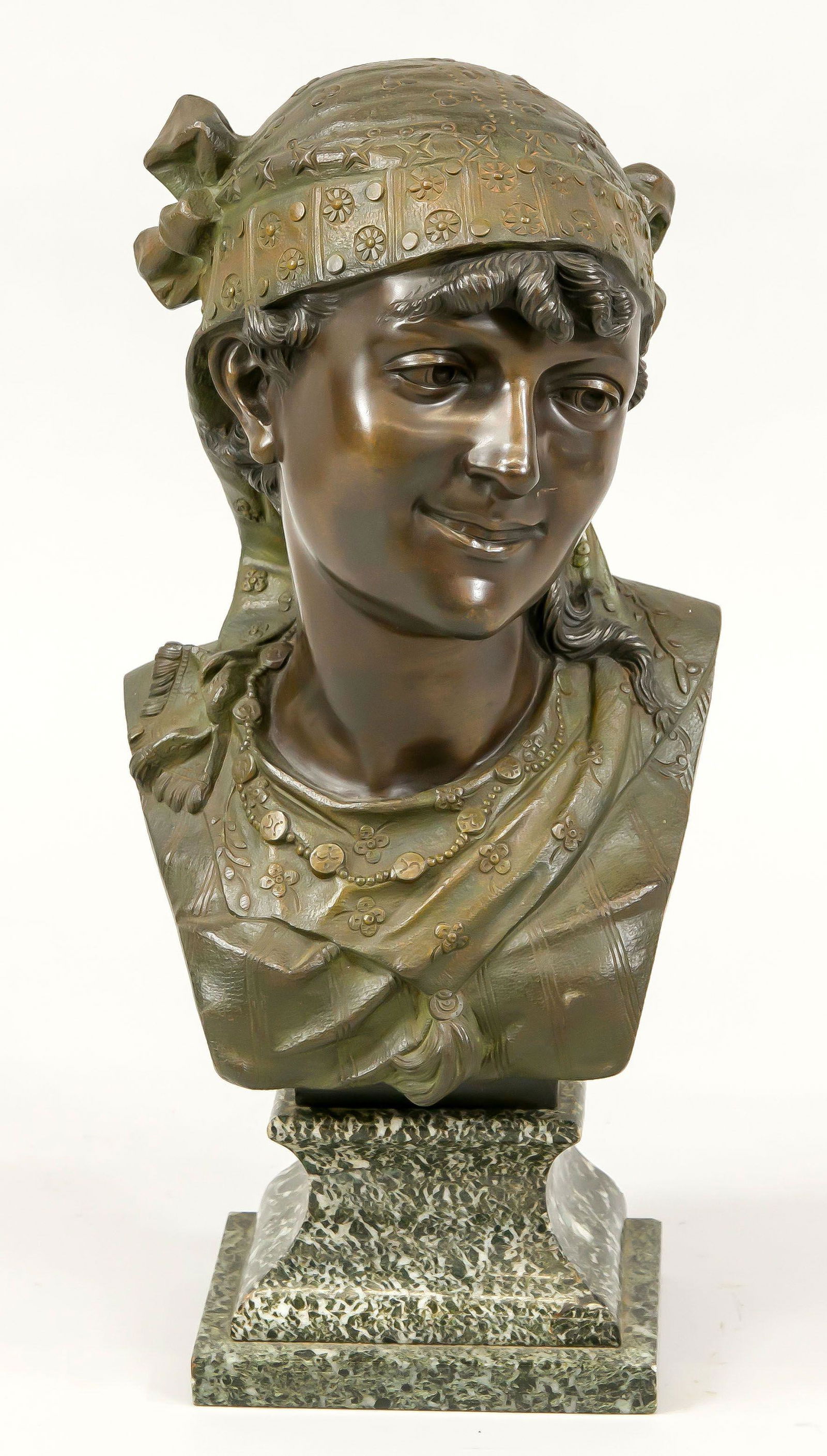 Adolphe Jean Lavergne (act.1863-192: Adolphe Jean Lavergne (act.1863-1928), large bust of a girl with headscarf, green-brown patinated metal casting / thin-walled bronze, sigjn. on the side, French seal of origin on the back, on marble p