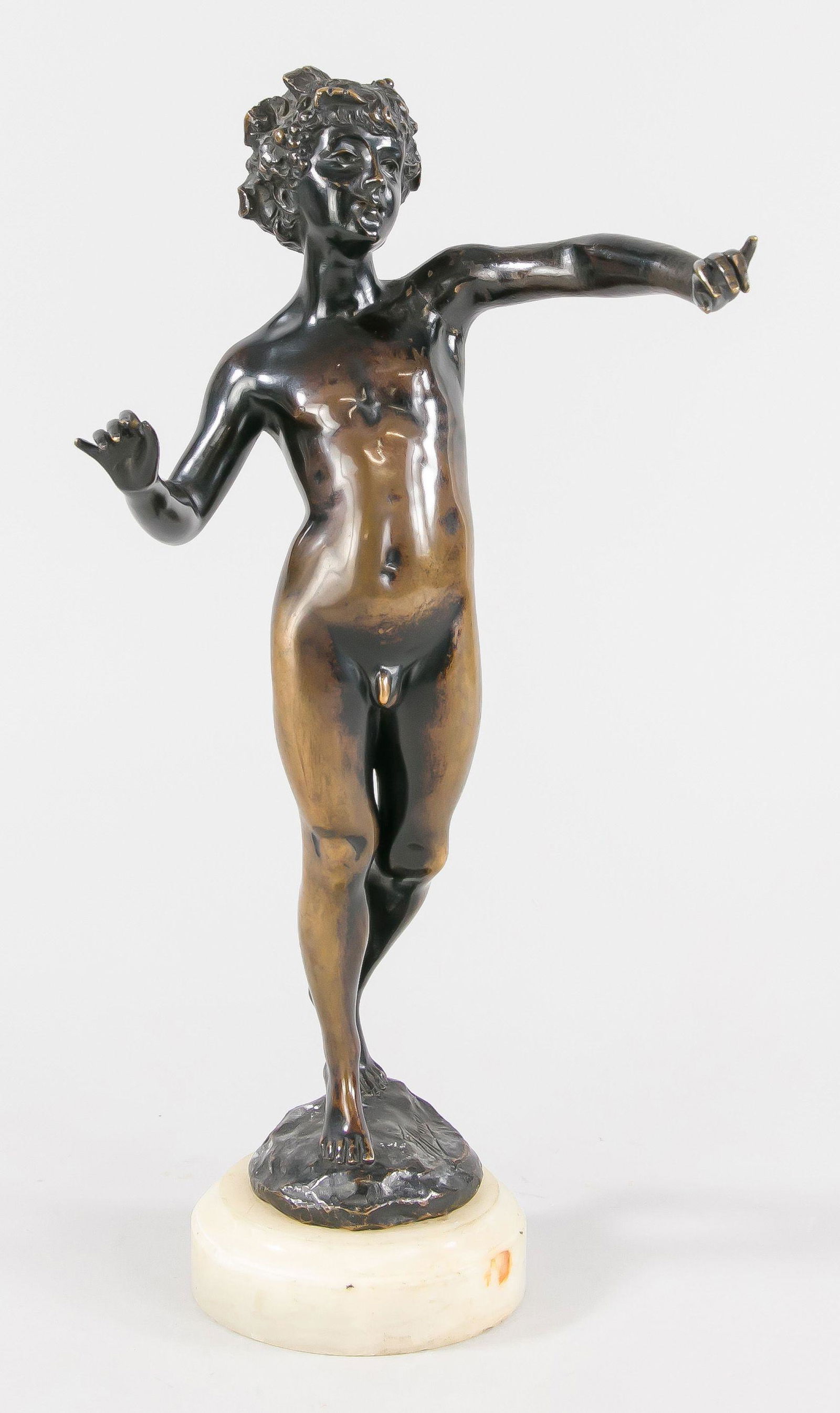Franz Iffland (1862-1935), Dionysia: Franz Iffland (1862-1935), Dionysian nude boy with vine wreath, dark patinated bronze on onyx marble plinth, signed on stand, patina rubbed, h.-35 cm.