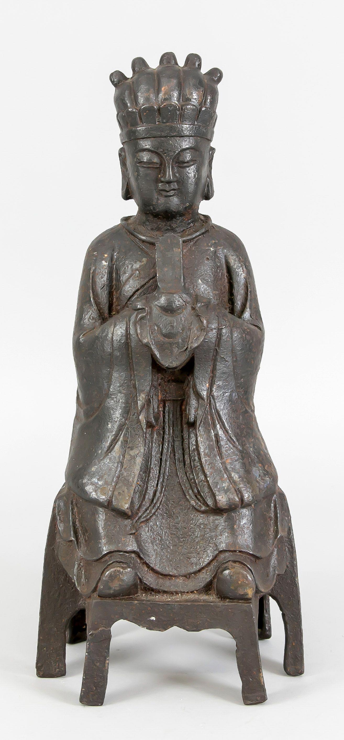 Sculpture of Wenchang Wang, China,: Sculpture of Wenchang Wang, China, probably late Ming Dynasty (or later?), iron casting. On a seat with footrest, holding a tablet of writing in his hands in front of his chest. Inside remains of a fi