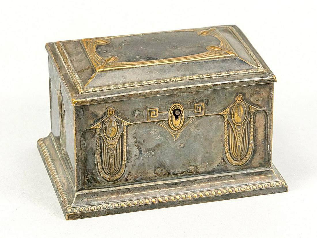 Art Nouveau lidded box, around 1900: Art Nouveau lidded box, around 1900, brass, partially silvered. Lock without key. Slightly rubbed, 8 x 10 x 7 cm