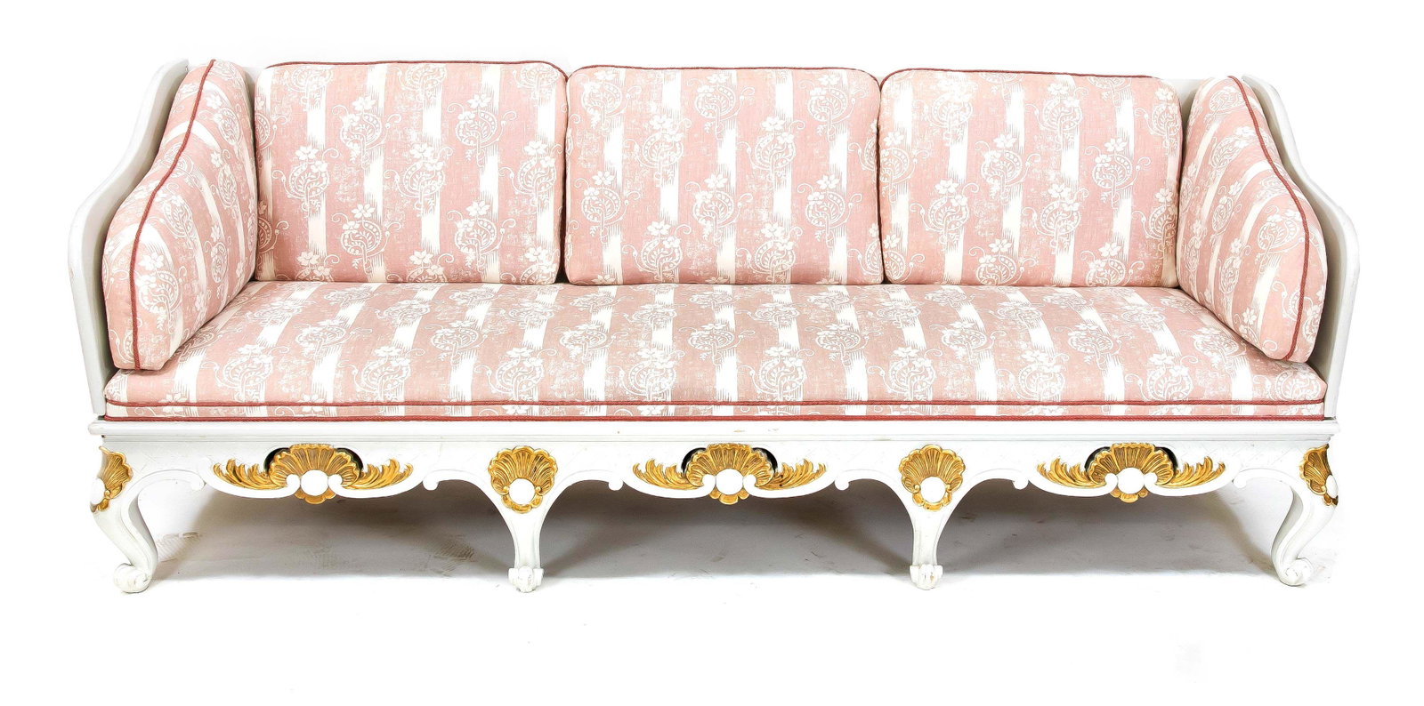 Large Gustavian style sofa/seat ben: Large Gustavian style sofa/seat bench, circa 1900, lacquered wood, loose back cushions, 83 x 226 x 75 cm.