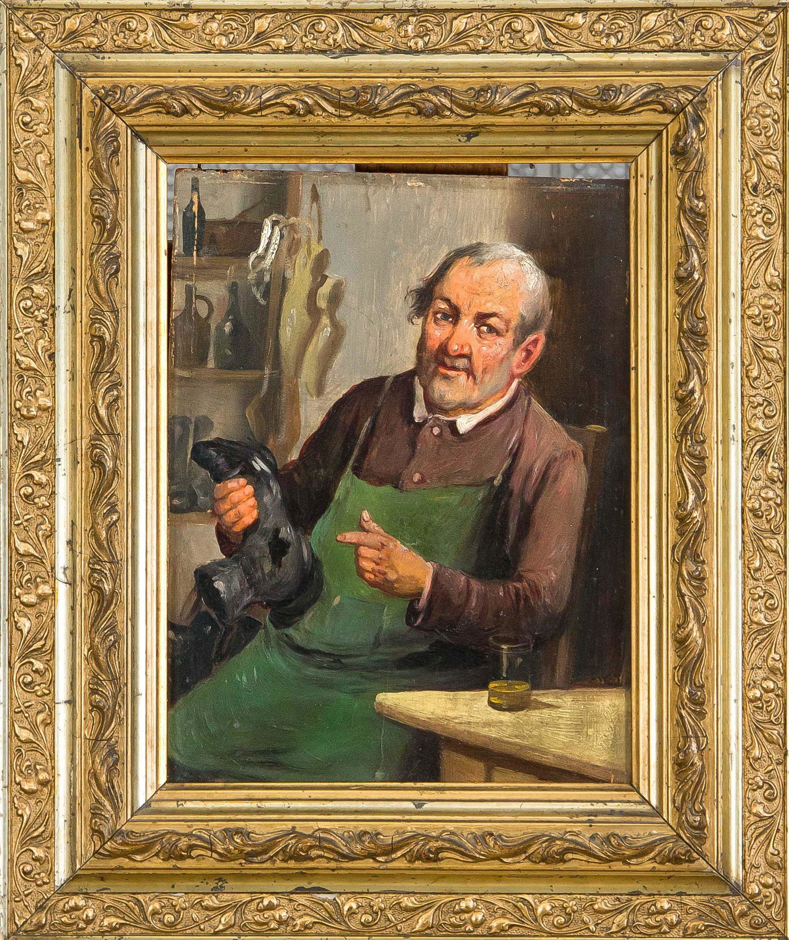 Hermann Kellner, southern German ge: Hermann Kellner, southern German genre painter ''Der Schuster'', oil on wood panel, unsigned, rubbed, verso inscribed u. on label attributed to a Hermann Kellner, 22 x 15,5 cm, framed 33 x 27 cm