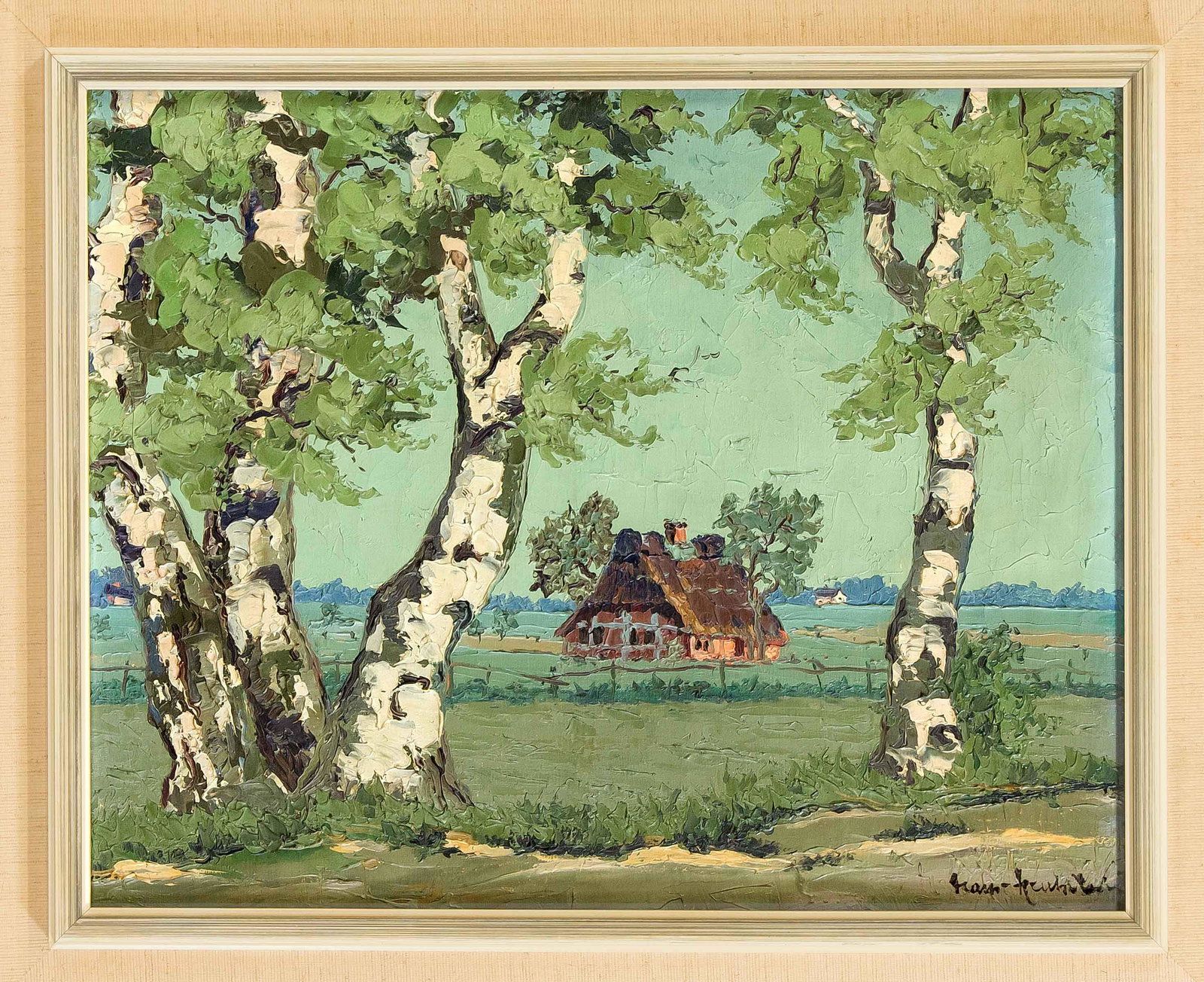 Hans Hentschke (1889-1969), Bremerh: Hans Hentschke (1889-1969), Bremerhaven artist, North German landscape with farmhouse, oil on canvas signed lower right, 40 x 50 cm, framed 54 x 64 cm