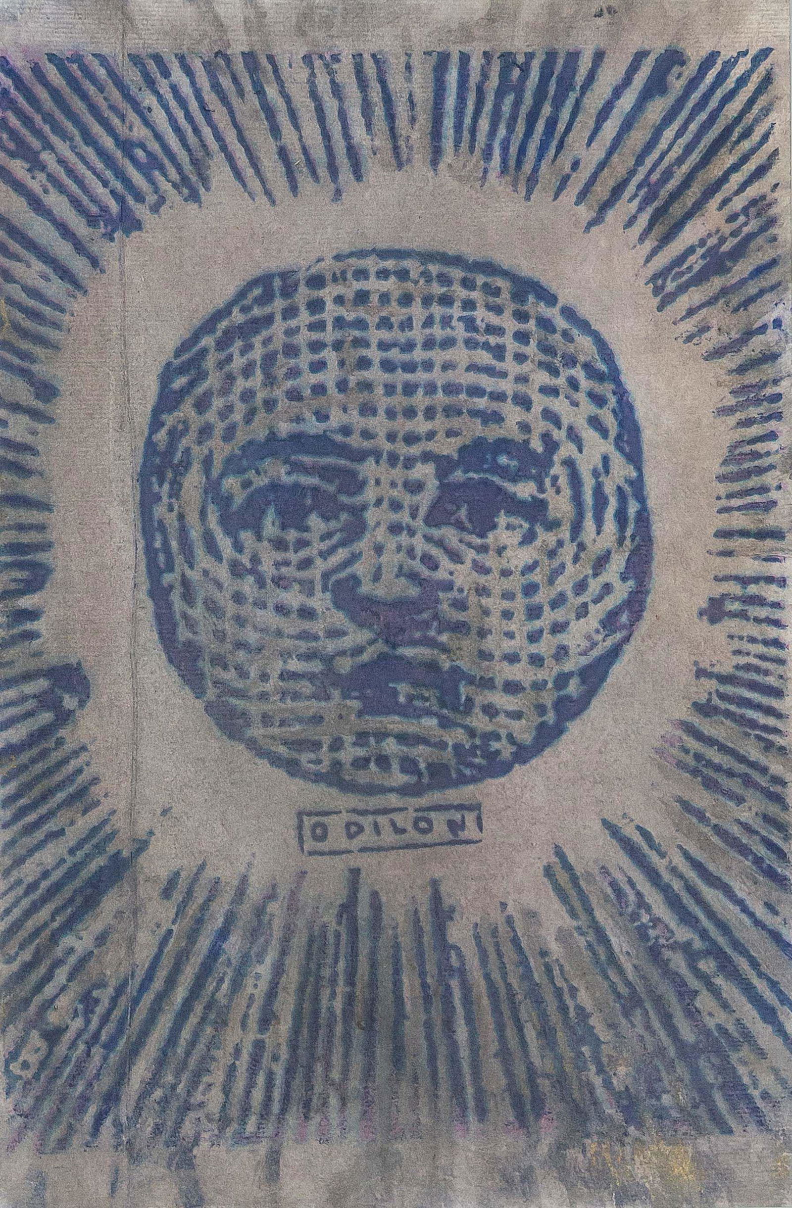 Odilon Redon (1840-1916) (attrib.),: Odilon Redon (1840-1916) (attrib.), probably woodcut in blue with violet fading to the margins on throughout grayish washed laid paper with unidentifiable watermark, partial remains of gold ink, inscr