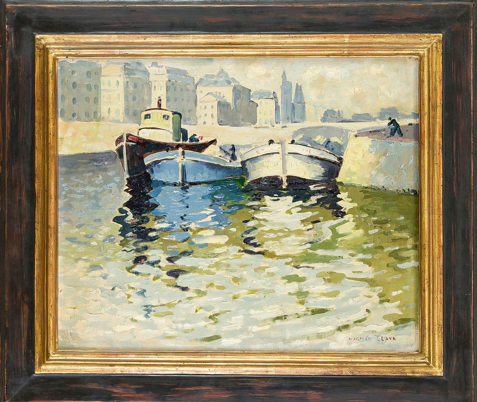 Norman Lloyd (1894-1983), urban can: Norman Lloyd (1894-1983), urban canal with adjacent boats, oil on cardboard, signed lower right, label of the ''Royal institute of oil painters'' on verso, 33 x 41 cm, framed 45 x 53 cm