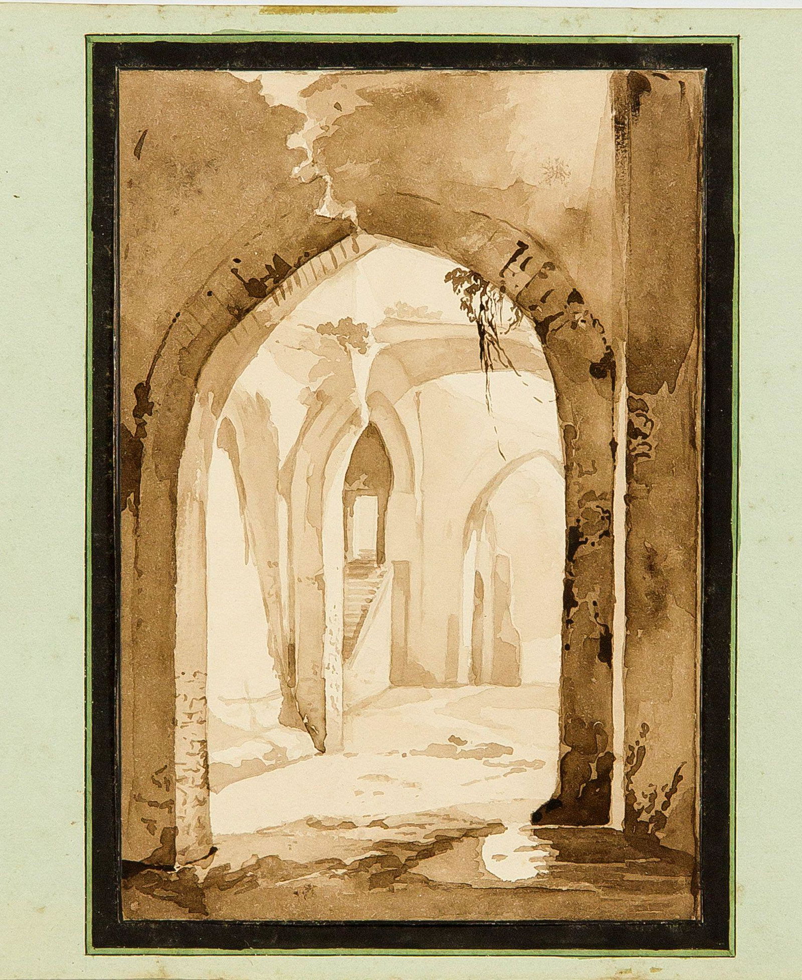 Carl Blechen (1798-1840), Surroundi: Carl Blechen (1798-1840), Surroundings. Study of a Gothic ruin with vault remains and pointed arches. Ink brush drawing on paper mounted on backing paper, unsigned, 15,5 x 10,5 cm.