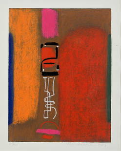 Max Ackermann (1887-1975), abstract: Max Ackermann (1887-1975), abstract composition, color lithograph, u. r. signed by hand, u. dated 1973, u. l. numbered 60/150, 44,5 x 34 cm, framed behind glass and passepartout 75 x 63 cm