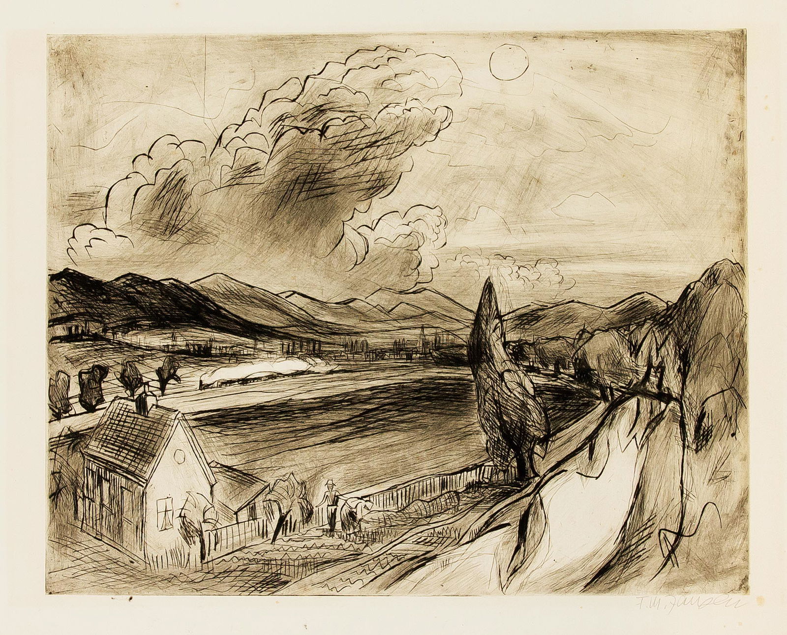Franz Maria Jansen (1885-1958), Mou: Franz Maria Jansen (1885-1958), Mountain Landscape, drypoint, signed at lower right, margin somewhat stained, light margin, 40 x 50 cm, sheet dimensions 49 x 64,5 cm