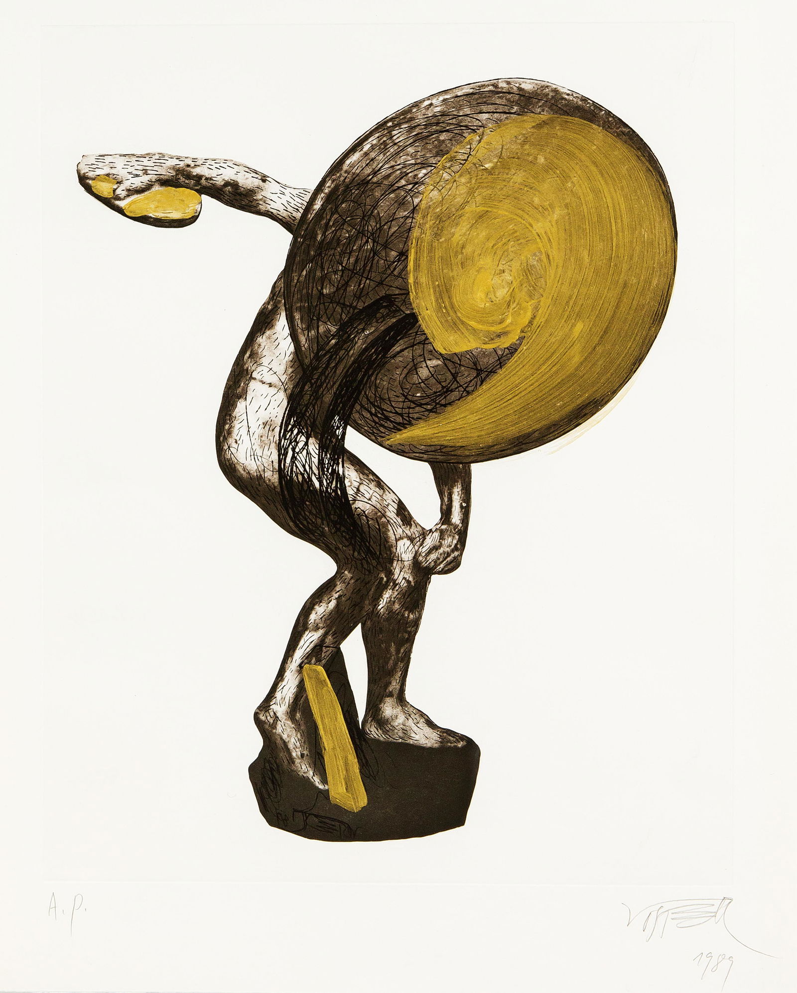 Wolf Vostell (1932-1998), ''Th: Wolf Vostell (1932-1998), ''The Discobol of Myron, gouache/gold paint over etching a. heliogravure, 1989, signed, dated a. inscribed A.P., 49 x 39 cm, sheet measures 60 x 46 cm