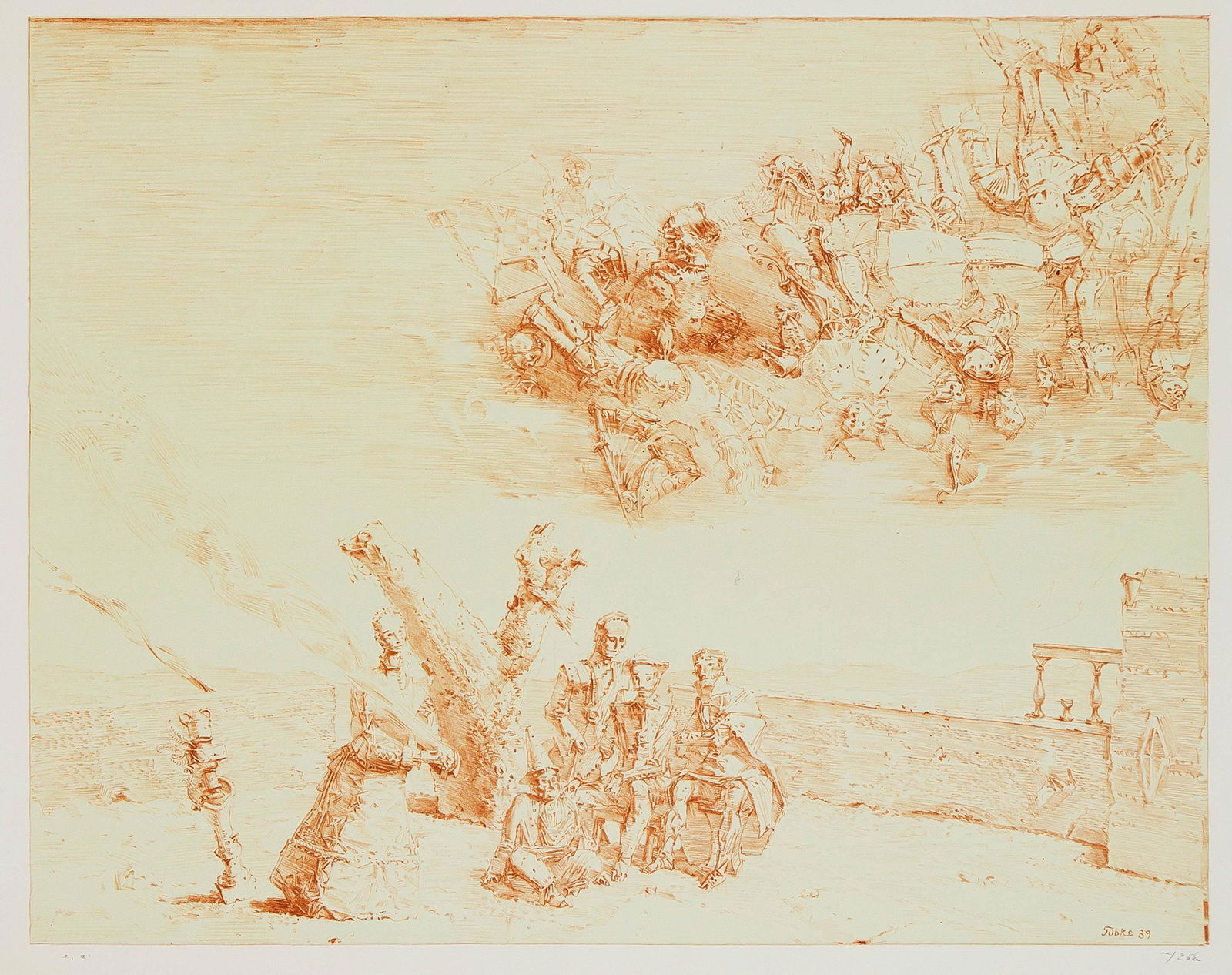 Werner Tübke (1929-2004), ''Ra: Werner Tübke (1929-2004), ''Randerscheinungen'', reddish lithograph, signed by hand at lower right, inscribed e.a. at lower left as copy, autograph dedication at lower right, sheet measures 49 x