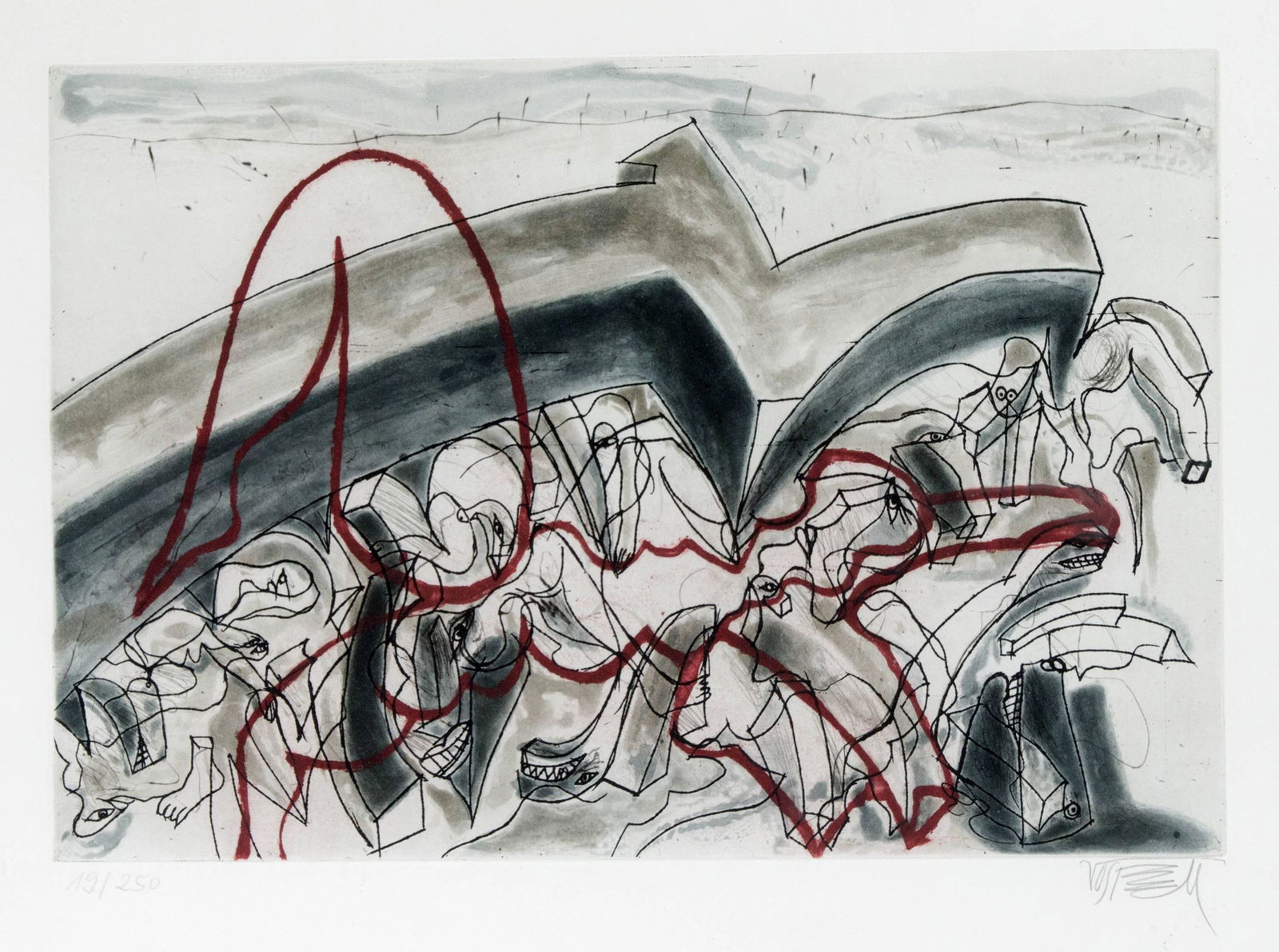 Wolf Vostell (1932-1998), colo: Wolf Vostell (1932-1998), color aquatint, o.d., signed lower right by hand, lower left number 19/250, slight signs of storage, 51 x 35 cm, sheet measures 54 x 76 cm, framed behind glass 60 x 82 cm