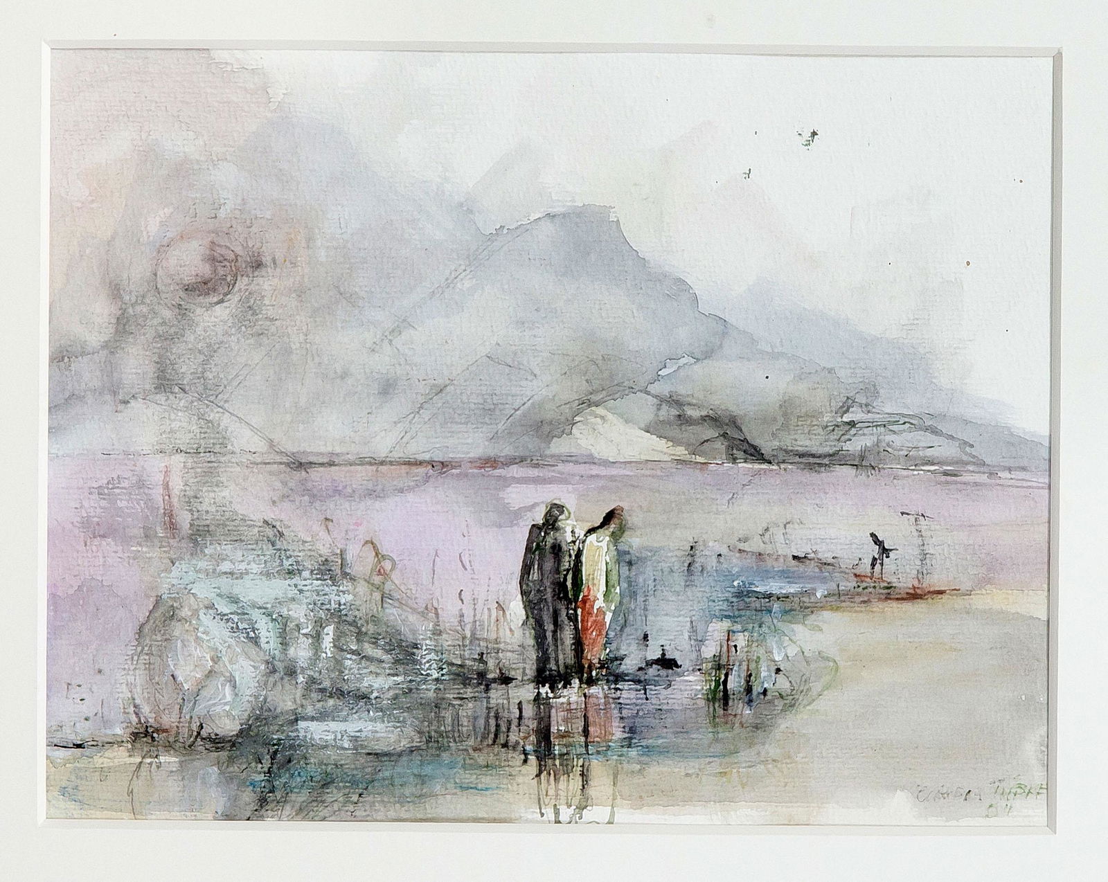 Claudia Tübke (*1954), Leipzig: Claudia Tübke (*1954), Leipzig painter, daughter of Werner Tübke, lives and works in Stralsund. Figures by the sea, watercolor on grained paper, u. r. signed u. dated 2004, 23 x 30 cm, frame