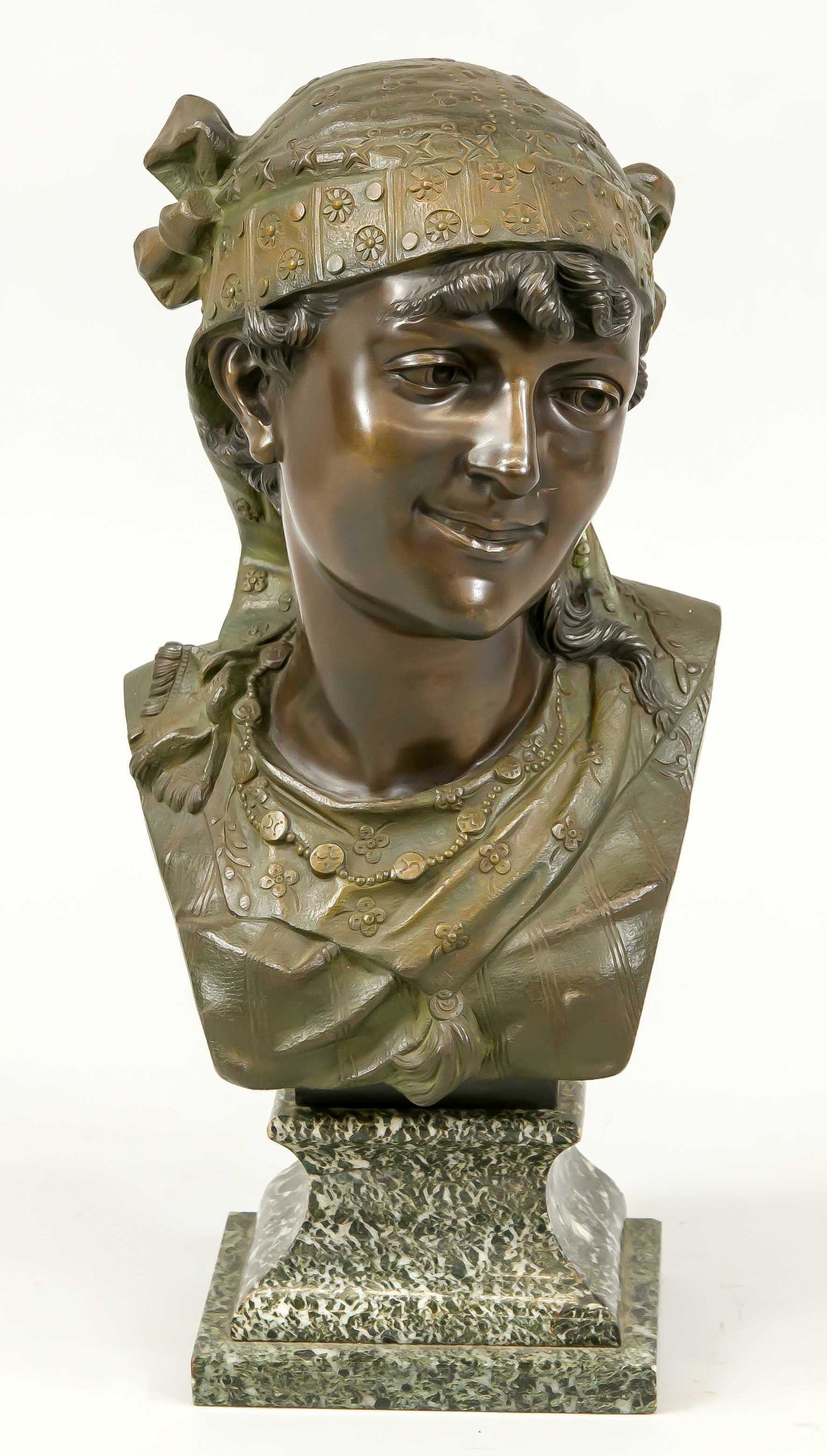 Adolphe Jean Lavergne (act.186: Adolphe Jean Lavergne (act.1863-1928), large bust of a girl with headscarf, green-brown patinated metal casting / thin-walled bronze, sigjn. on the side, French seal of origin on the back, on marble p