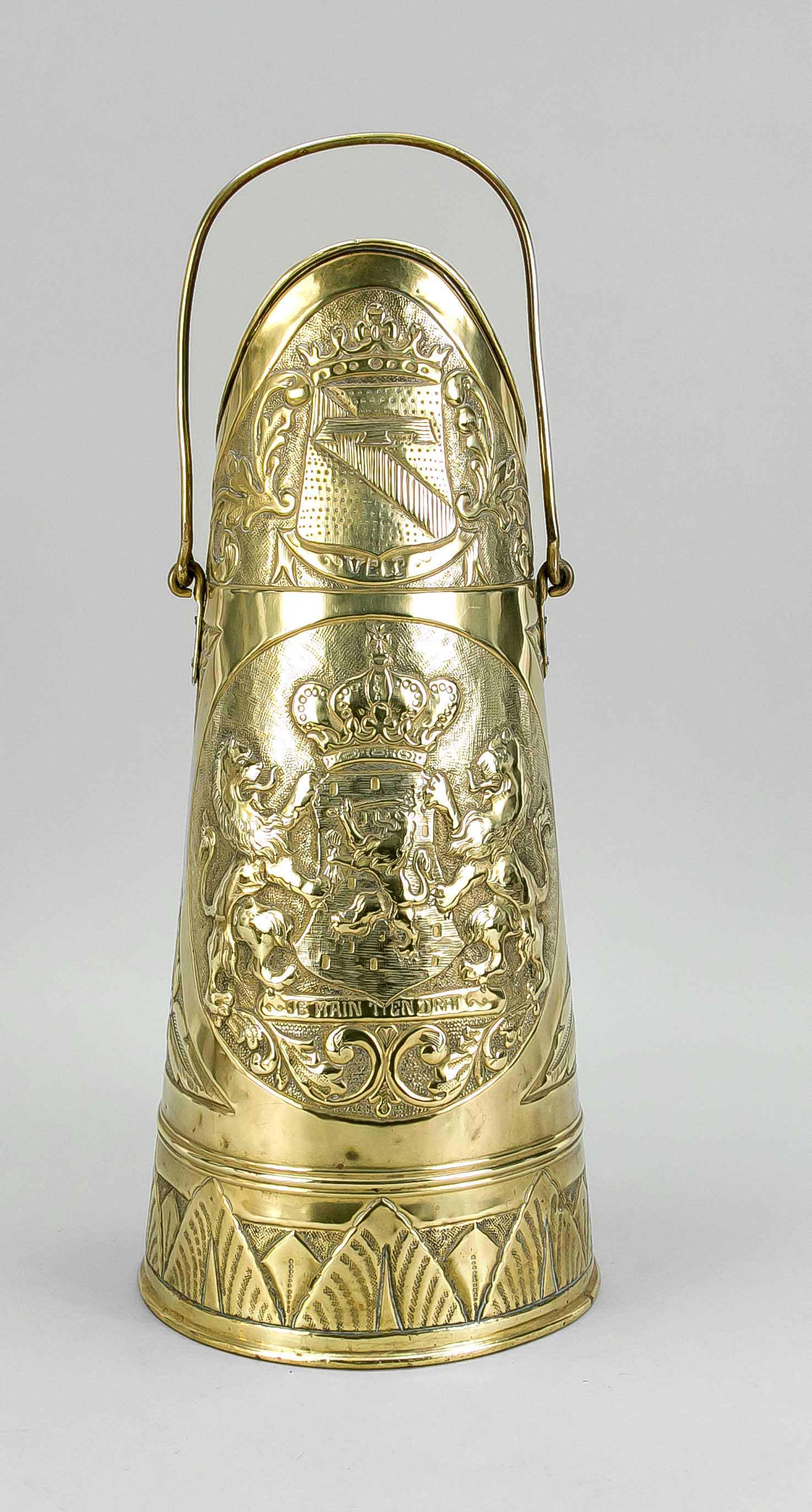 Coal chute, end of 19th c., br: Coal chute, end of 19th c., brass with relief decoration, slightly rubbed, h. 53 cm