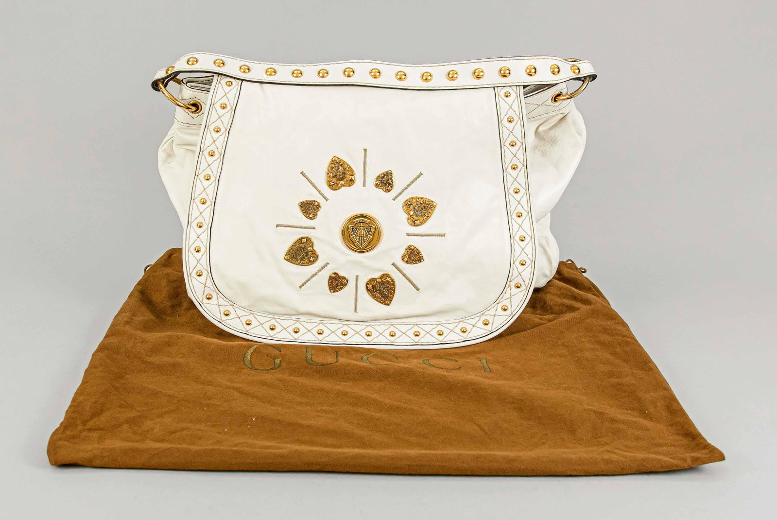 Large Gucci handbag, white lea: Large Gucci handbag, white leather, ornamental metal applications, with dust bag, slight signs of wear, approx. 40 x 50 cm