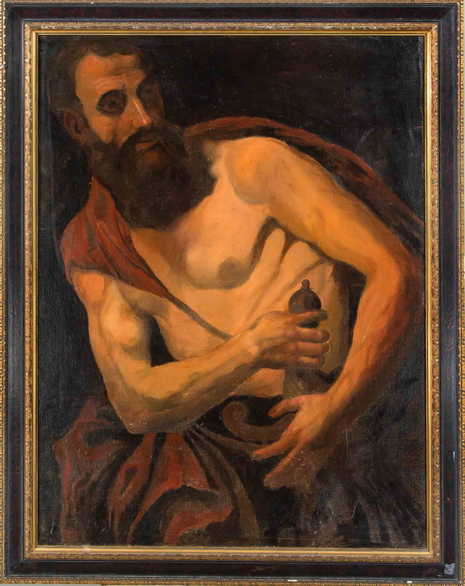 Anonymous painter of the 18th: Anonymous painter of the 18th century, man with red cloak reaches for a sword, oil on canvas, extensively overpainted, doubled and restored, 104 x 78 cm, framed 119 x 93 cm