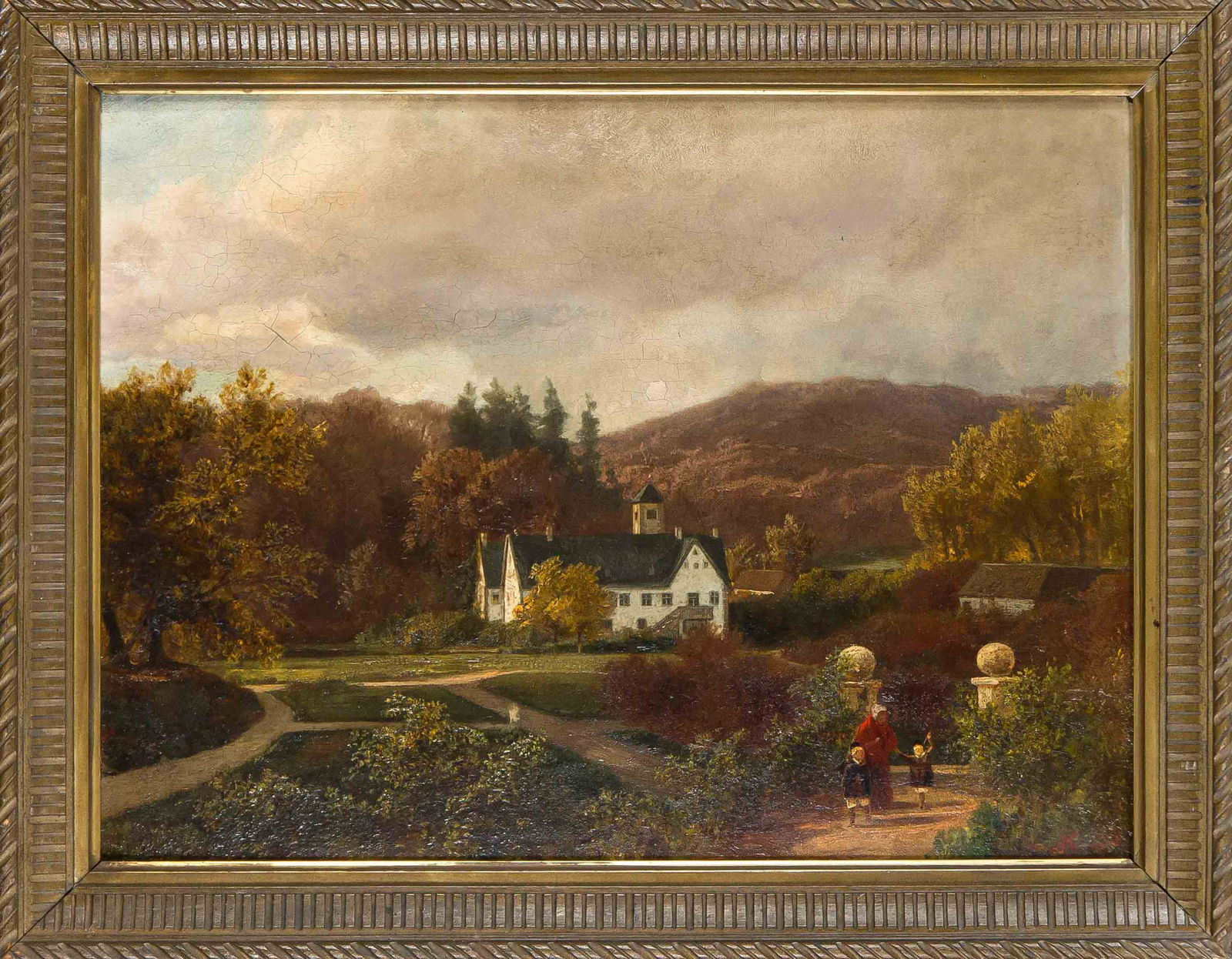 Robert Krause (1813-1885), ''T: Robert Krause (1813-1885), ''Tyrsbeck bey Weile. Jutland'', manor house in hilly landscape with staffage figures in the foreground, oil on canvas, lower right monogrammed and dated ''RK 1855'', verso