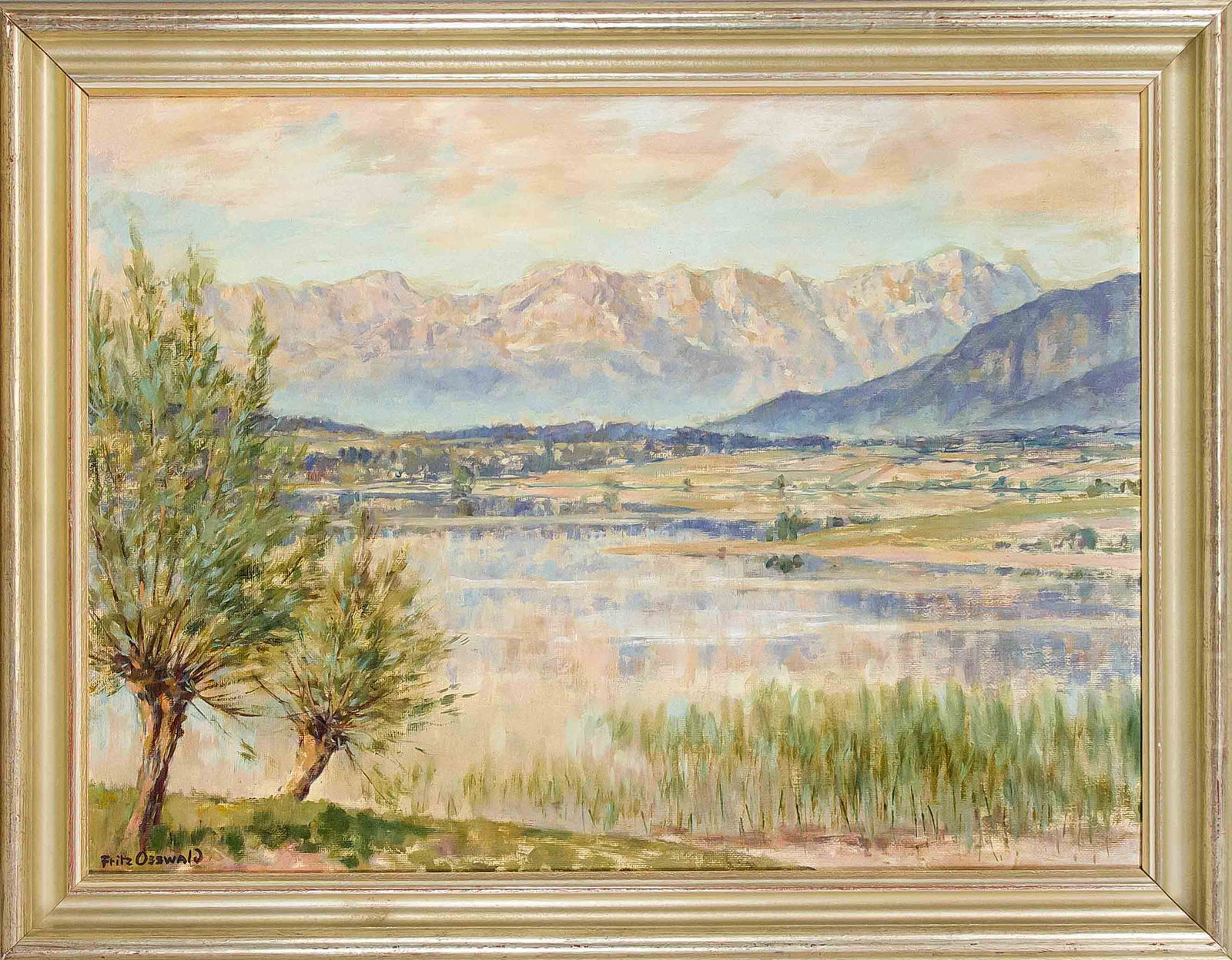 Fritz Osswald (1878-1966), Swi: Fritz Osswald (1878-1966), Swiss painter of German Impressionism, ''Riegsee bei Murnau '', oil/plywood panel, signed lower left, artist's stamp on reverse. Artist stamp, 58 x 77.5 cm, framed 70 x 90 c