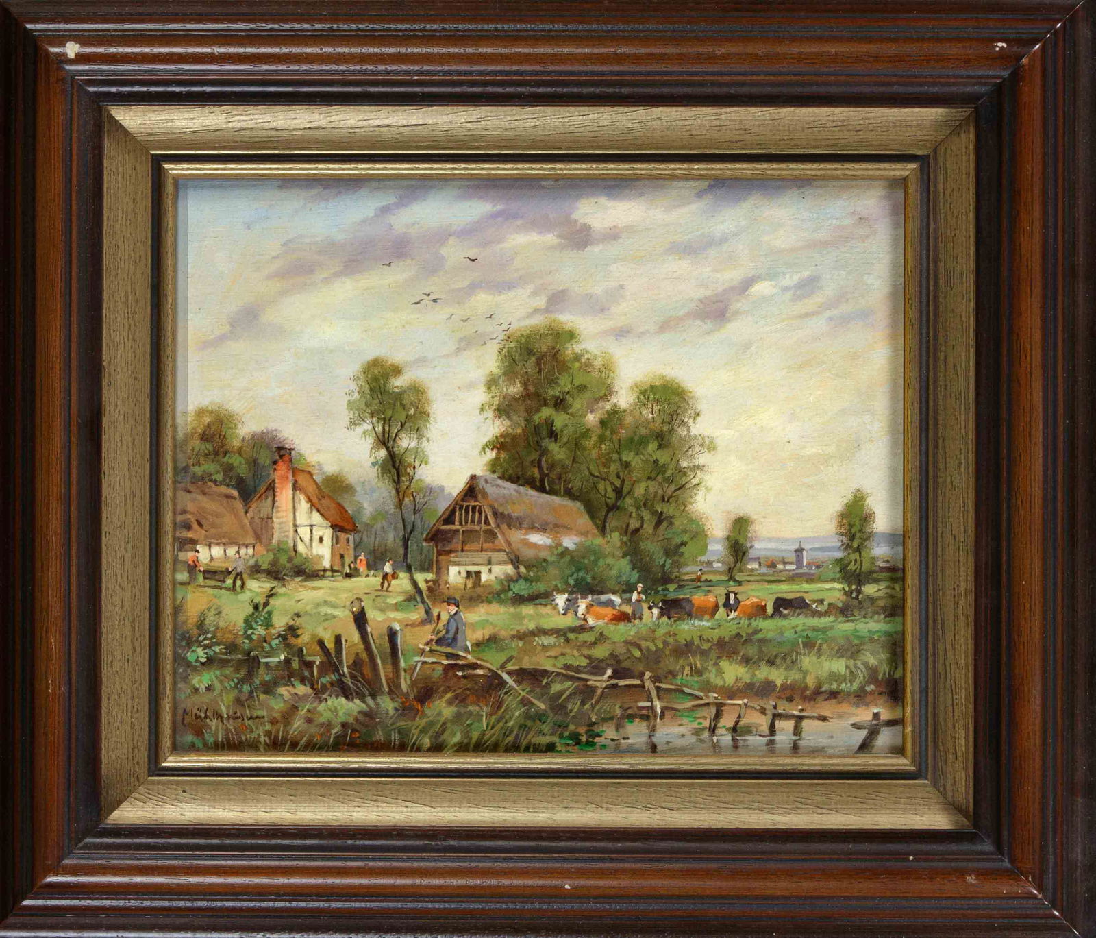 Hans Ulrich MÃ¼hlhausen (1915-?), Ber: Hans Ulrich MÃ¼hlhausen (1915-?), Berlin painter, landscape with farm, oil on plywood, signed lower left, 25 x 30 cm, framed 44 x 49 cm