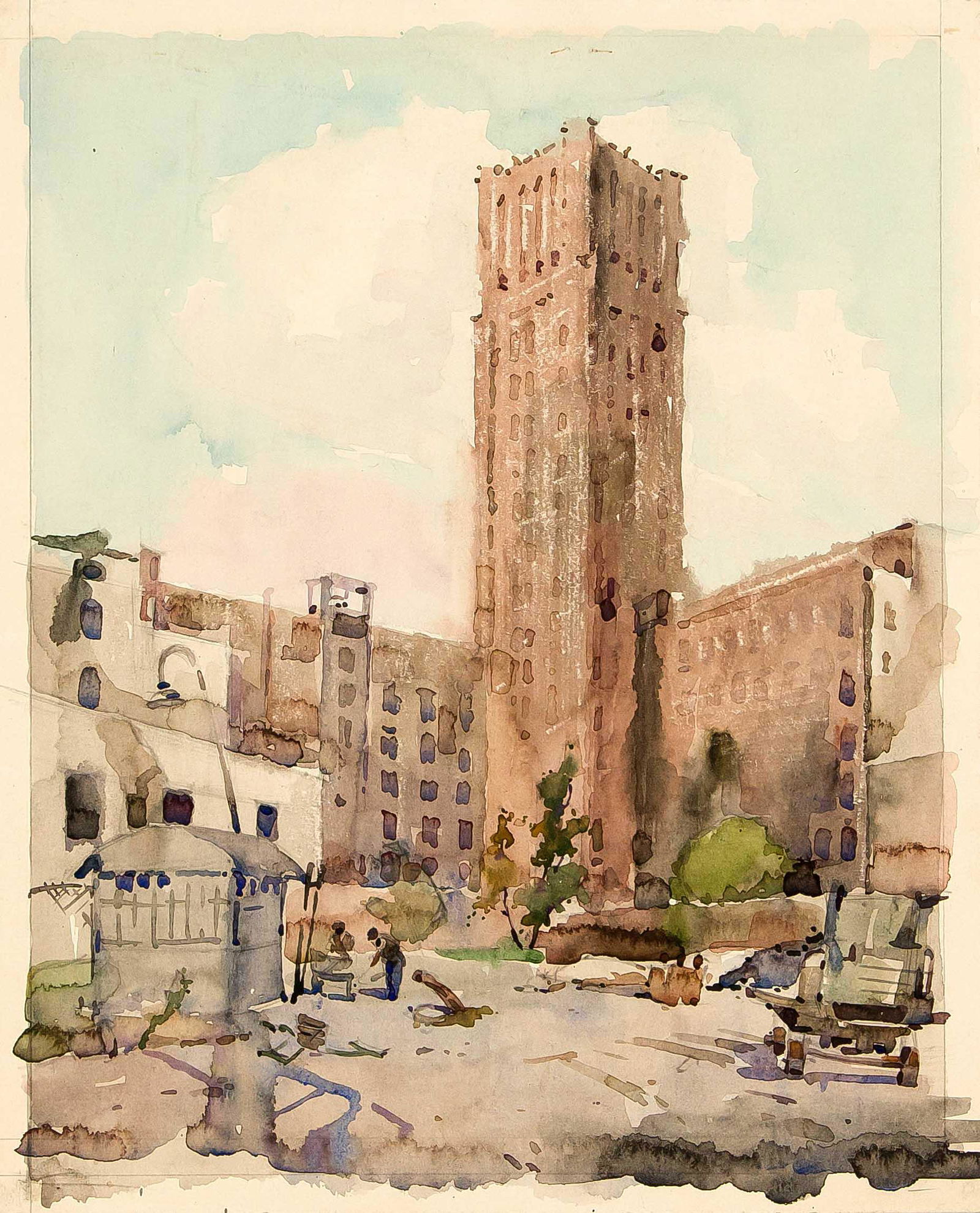 Felix Kniest (1913-1985), Berlin pai: Felix Kniest (1913-1985), Berlin painter, draftsman and photojournalist during World War II, master student of Max Kaus at the HdK Berlin. Two views of the war-damaged Ulsteinhaus, one with the destro