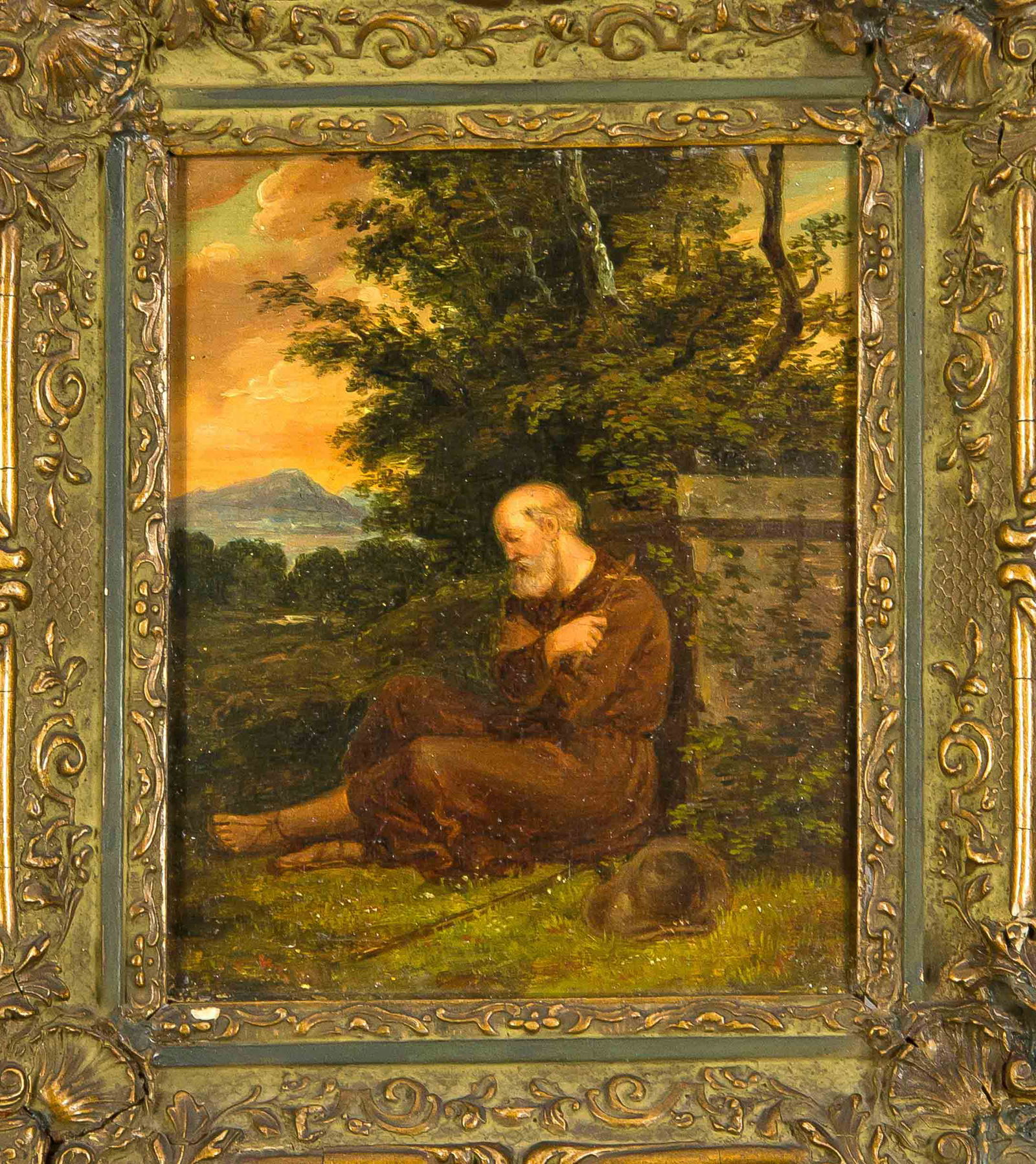 Andreas Achenbach (1815-1910) (attri: Andreas Achenbach (1815-1910) (attrib.), Pilgrim at rest, hands crossed in prayer, stick and hat laid down beside him. Oil on wood, reverse marked old ''Achenbach'', 14 x 11.5 cm, framed 20 x 17 cm