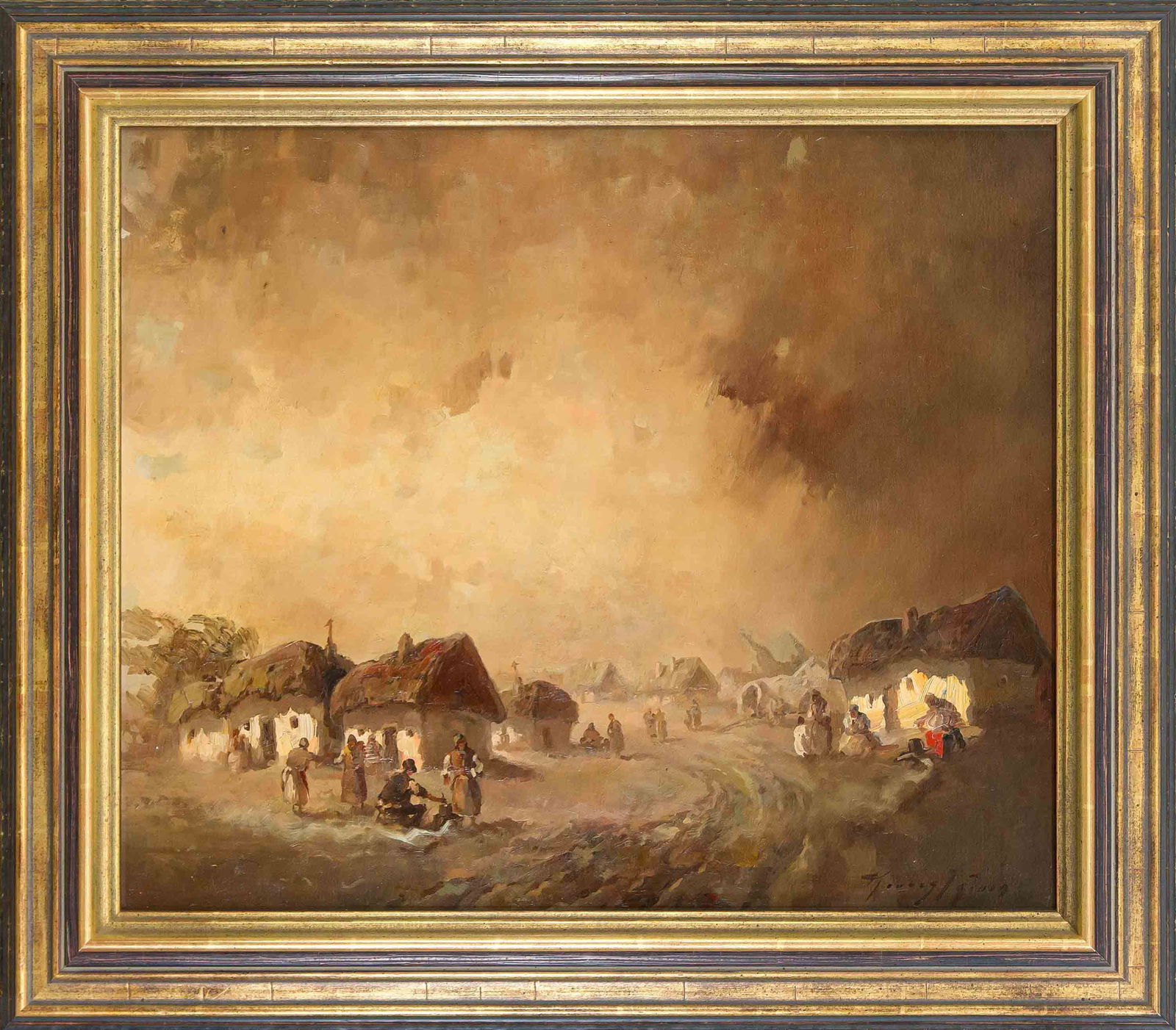 Istvan Kovacs, Hungarian painter of: Istvan Kovacs, Hungarian painter of the 20th century, rural village scene with rich staffage, oil on hardboard, signed lower right, 50 x 60 cm, gher. 64 x 74 cm