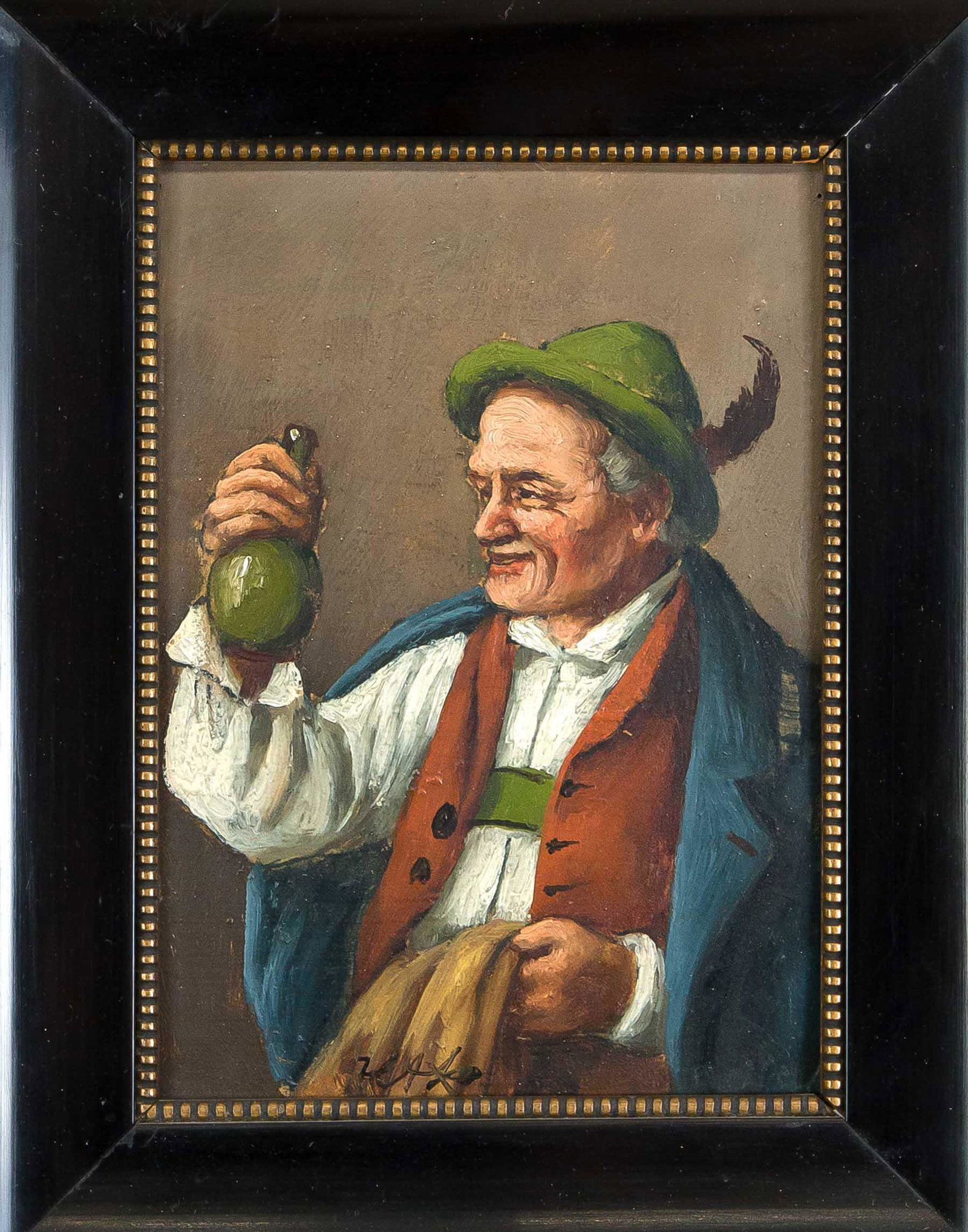 South German painter c. 1900, two pa: South German painter c. 1900, two paintings with portraits of Bavarian farmers, oil on cardboard, at lower margin indistinctly monogrammed, 19 x 13 cm, variously framed 28 x 23 cm