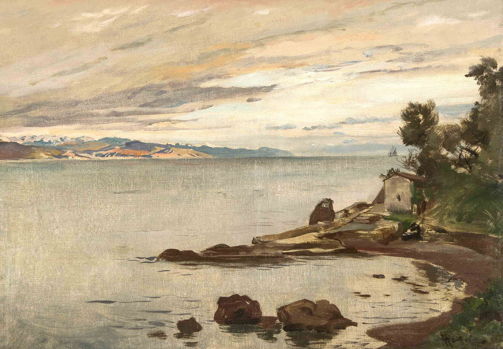 Albert Hertel (1843-1912), was a stu: Albert Hertel (1843-1912), was a student at the Berlin Art Academy, where he later taught landscape painting himself, 'Seeuferlandschaft', oil/canvas, mounted on panel, signed lower right AHertel (lig