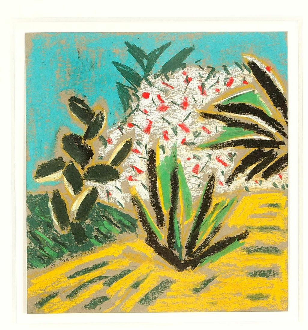 Helga Ginevra (1938-1996), GDR paint: Helga Ginevra (1938-1996), GDR painter from WeiÃŸenfels, master student of Wieland FÃ¶rster in Berllin. Abstracted, southern landscape, color chalk drawing on brown-gray paper, bottom left signed 