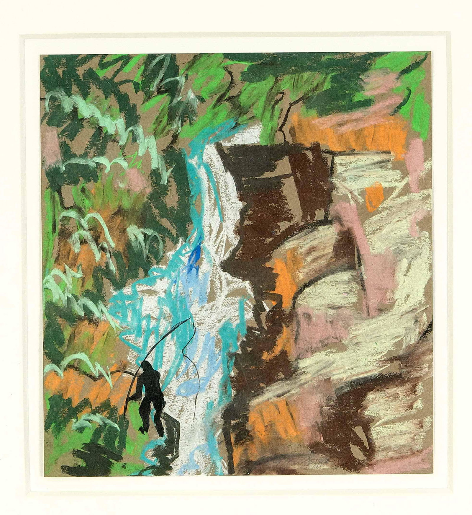 Helga Ginevra (1938-1996), GDR paint: Helga Ginevra (1938-1996), GDR painter from WeiÃŸenfels, master student of Wieland FÃ¶rster in Berllin. Abstracted, southern landscape with small angler color chalk drawing on brown-gray paper, u.