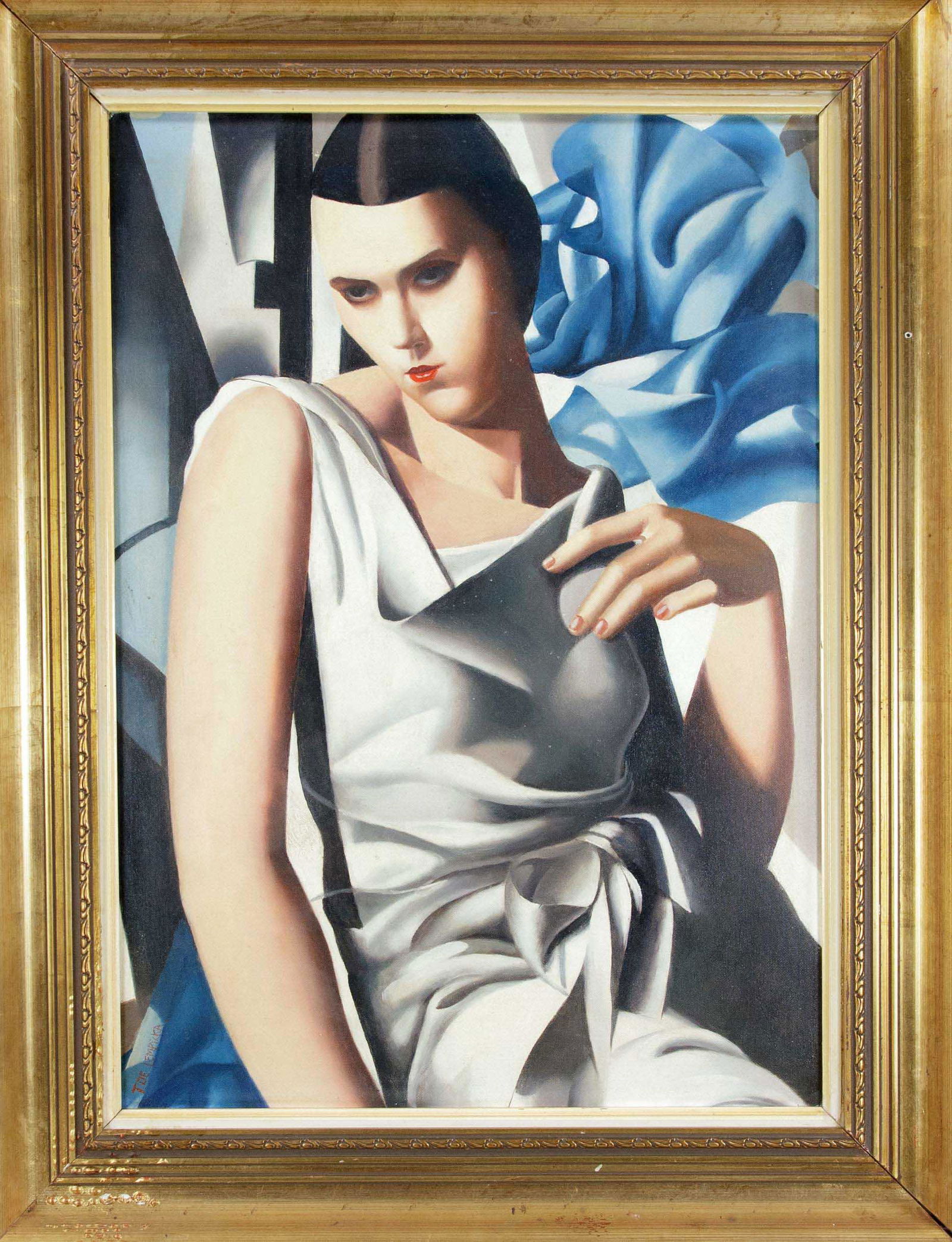 Tamara de Lempicka (1898-1980), copy: Tamara de Lempicka (1898-1980), copy after, end of 20th c., typical art deco portrait, oil on painting board, inscribed lower left, 70 x 50 cm, framed 90 x 70 cm