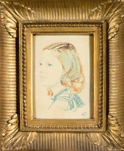Hermann Finsterlin (1887-1973), Germ: Hermann Finsterlin (1887-1973), German Expressionist painter and poet. Small portrait of a young woman in 3/4 profile, polychrome colored pencil drawing on paper, monogrammed lower right ''HF'', 12 x