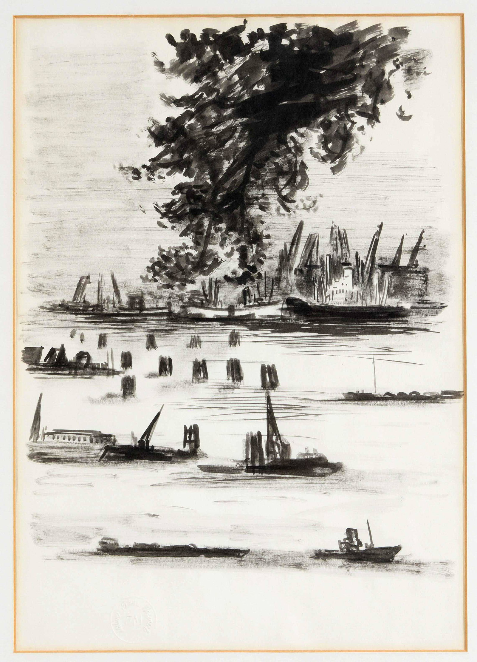 Frans Masereel (1889-1972), ''L'Elbe: Frans Masereel (1889-1972), ''L'Elbe a Hambourg''. 1953. ink brush drawing / paper (from drawing pad), dry stamp ''atelier Frans Masereel FM'' lower left, verso with Blstft. titled and dated, sheet 42