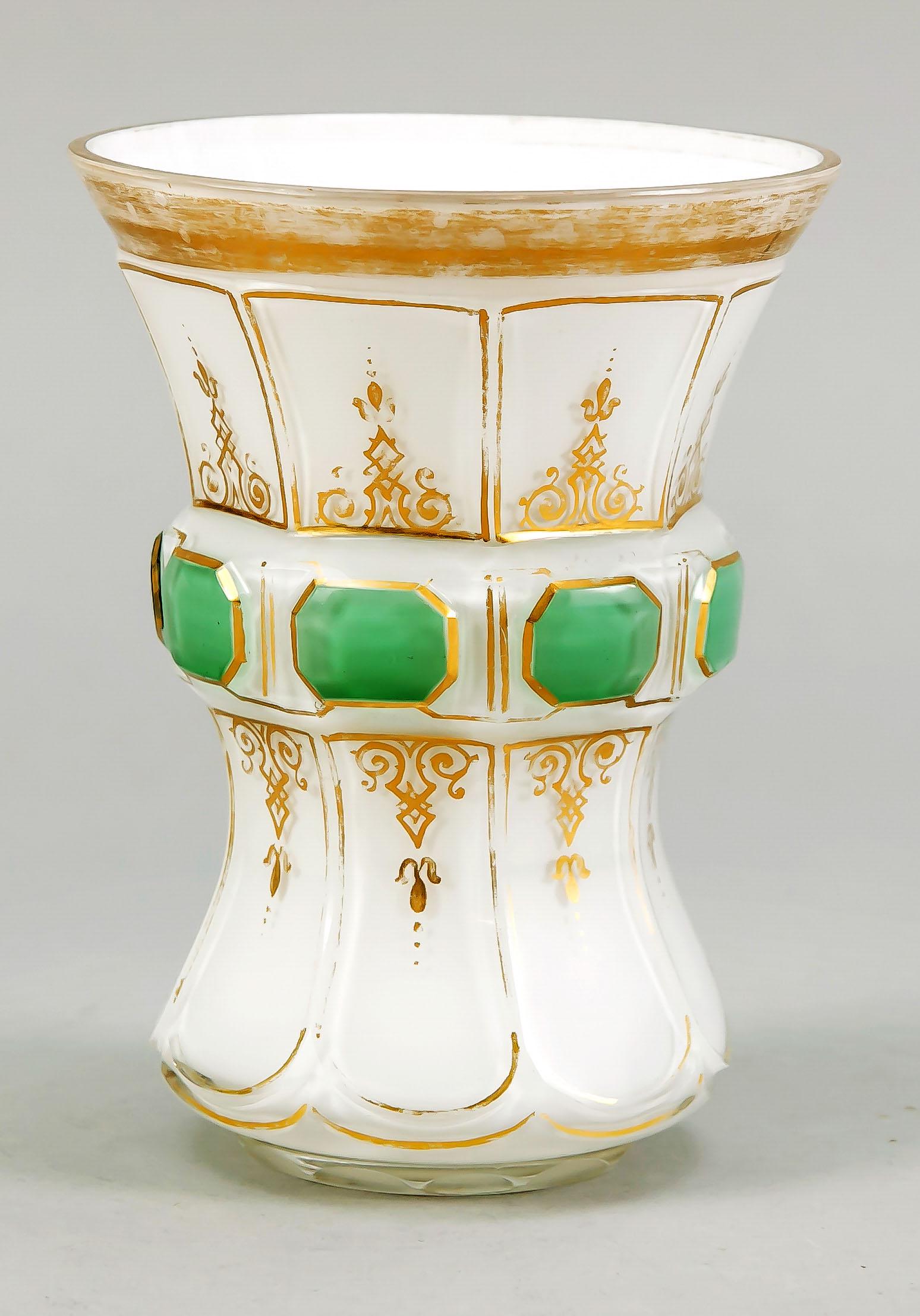 Beaker, Bohemia, 19th century,: Beaker, Bohemia, 19th century, round stand, curved body, bulged in the middle, clear glass with white inner overlay, partly green, gold decoration (partly rubbed), partly edged cut, h. 14 cm