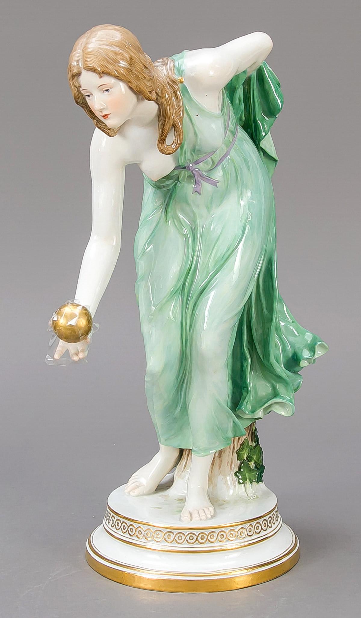 Female ball player, Meissen, K: Female ball player, Meissen, Knauff-Schwerter 1850-1924, 1st choice, design by Walter Schott (1861 Ilsenburg - 1938 Berlin), first molding 1897. Moving figure of a young lady throwing a golden ball, o