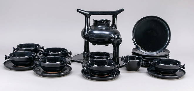 Tea set for 6 persons, 22 piec: Tea set for 6 persons, 22 pieces, ZEN, Friesland, 1981-1997, design by Luigi Colani ''Form 62'', ceramics, black glazed, 1x pot w. 2 lateral spouts as well as 2 holding knobs, mounted on stand in sili