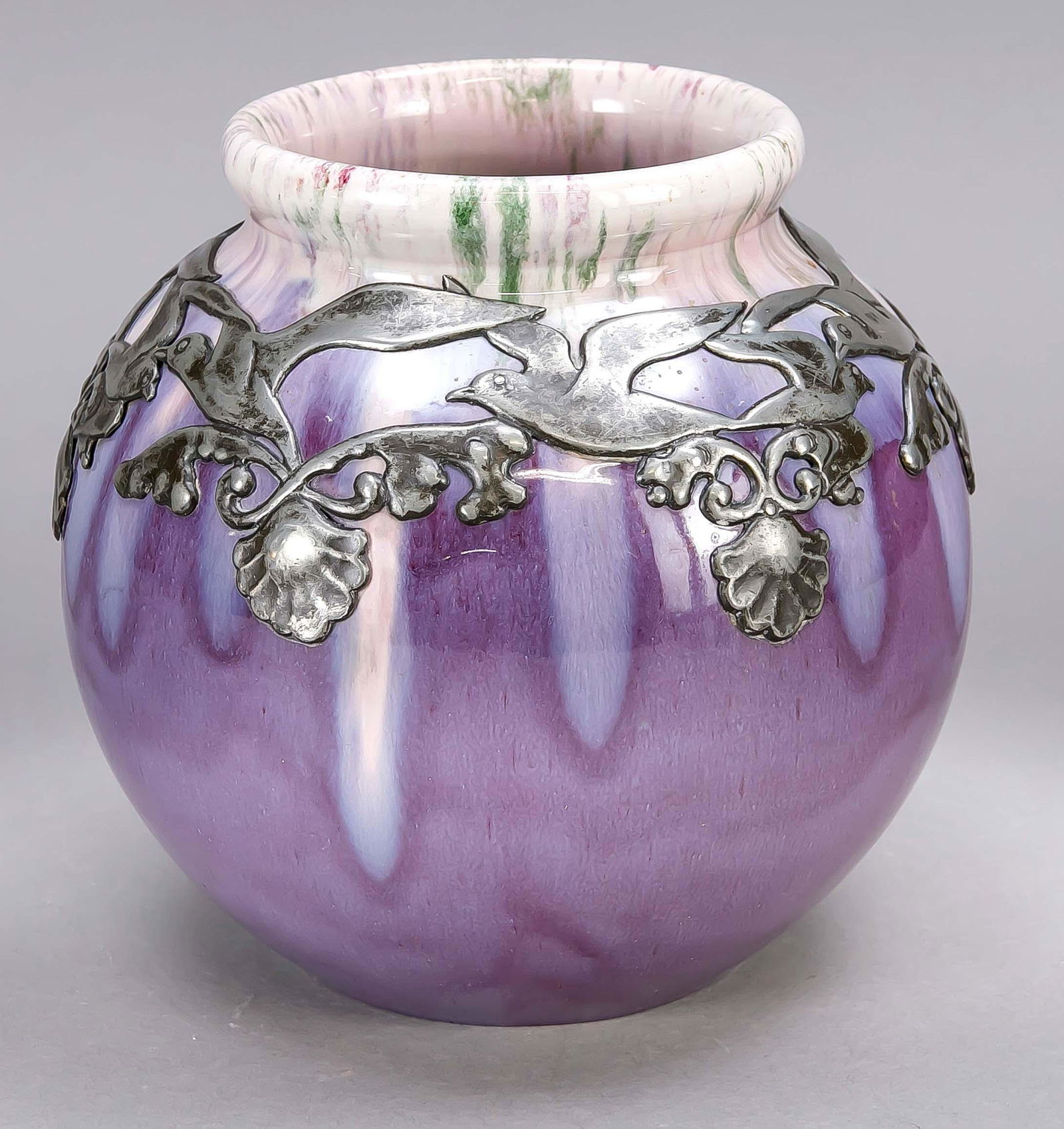 Art Nouveau ceramic vase, Denm: Art Nouveau ceramic vase, Denmark, c. 1900, probably Michael Andersen & Sons, Bornholm, spherical form, with multicolored running glaze in violet tones, surrounding metal overlay, seagulls and floral